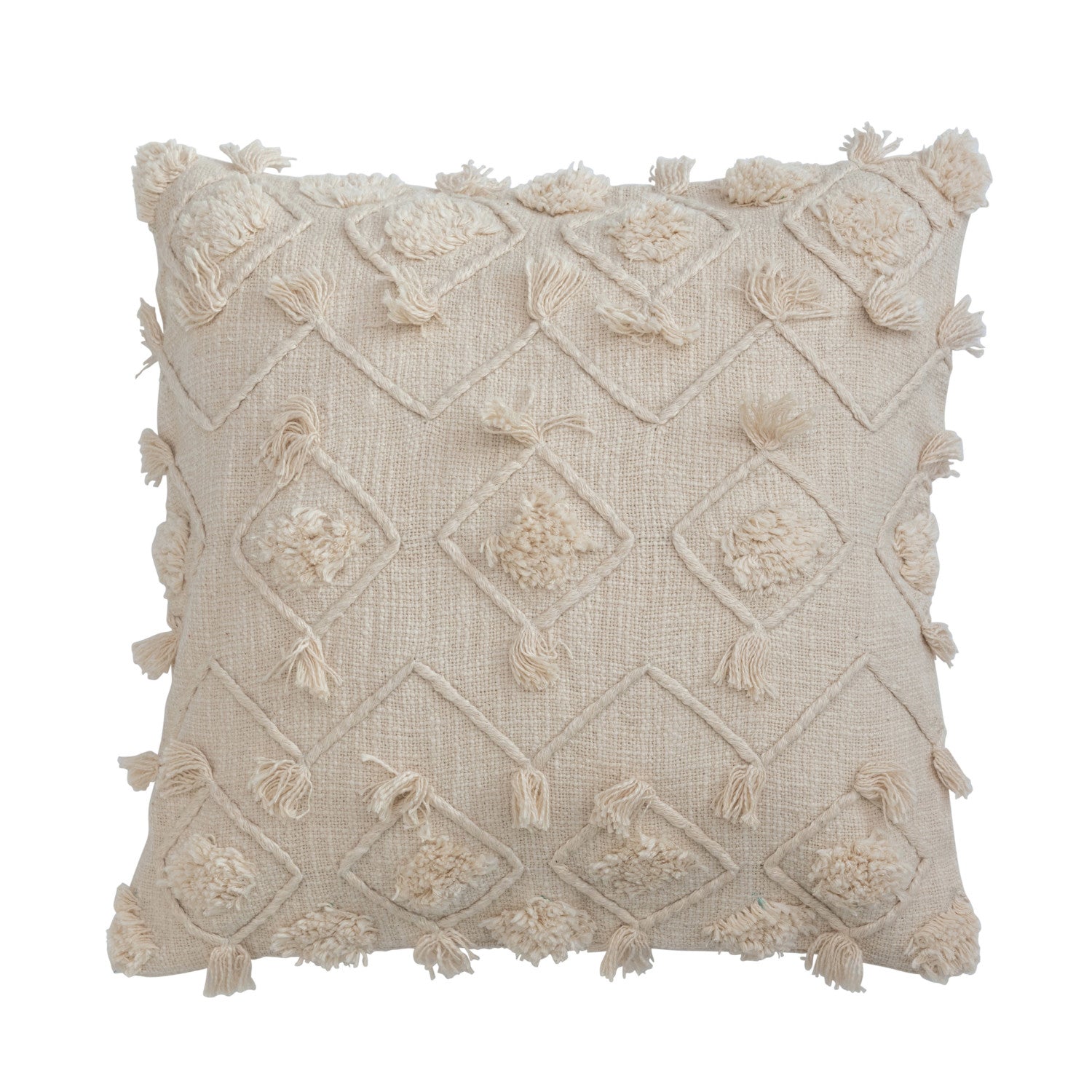 Cream Diamond Embroidery Pillow & Fringe