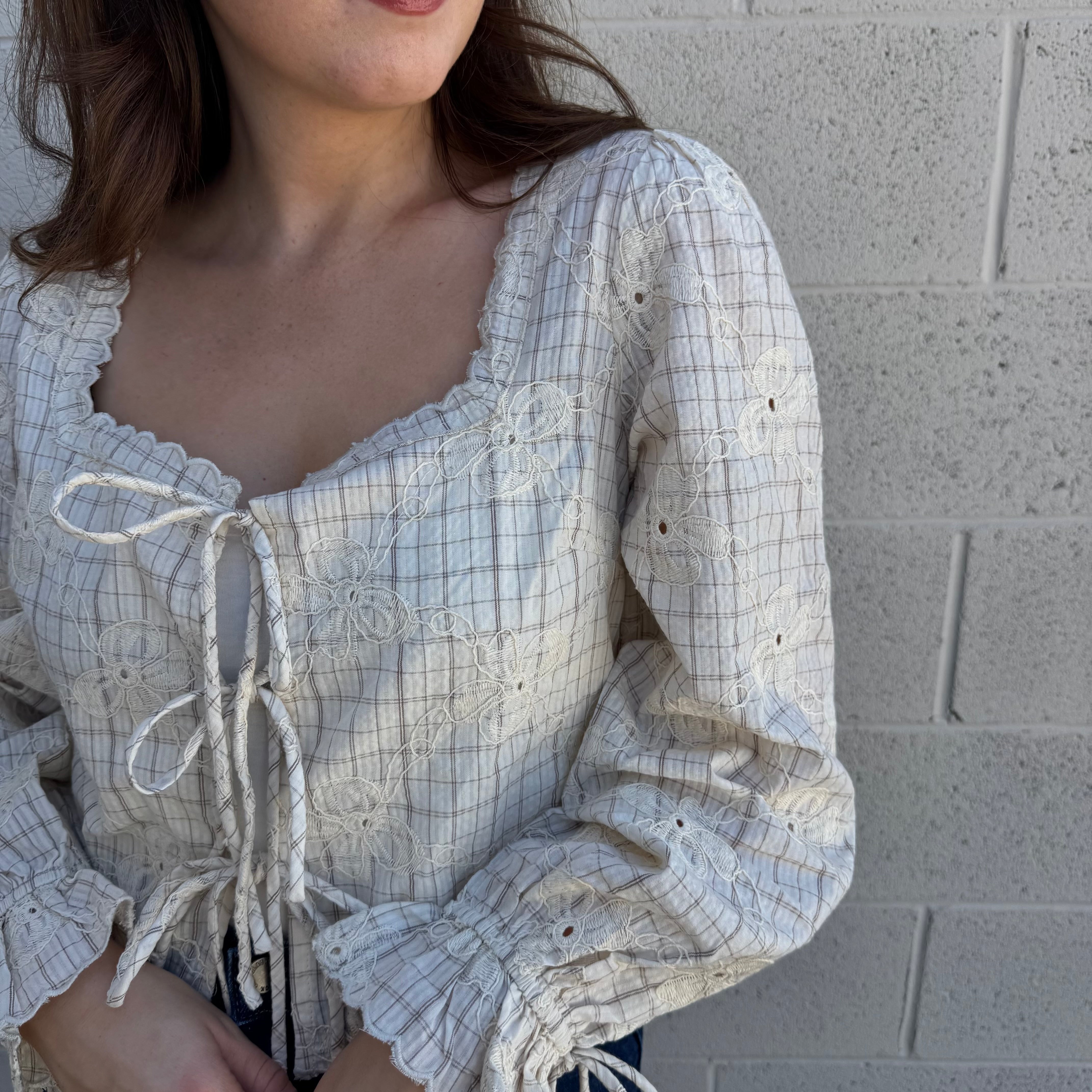 Beige Floral Embroidered Tie Top