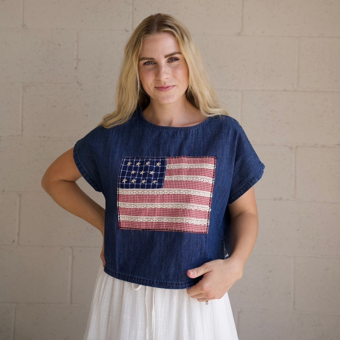 Denim Patchwork Flag Top