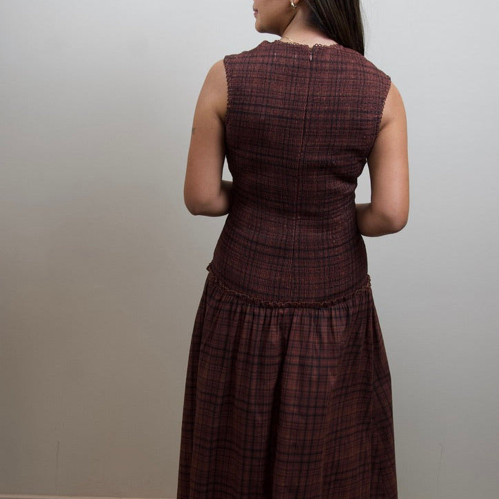 Smocked Bodice Sleeveless Plaid Midi Dress