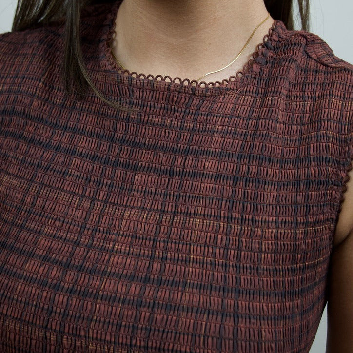Smocked Bodice Sleeveless Plaid Midi Dress