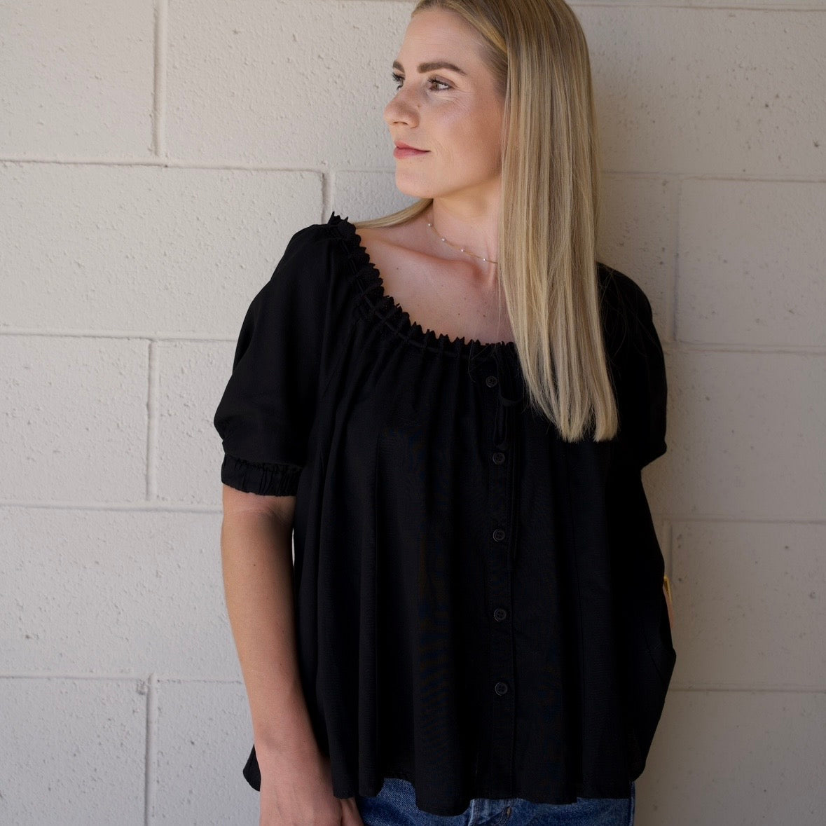 Black Eyelet Trim Neck Puff Sleeve Top