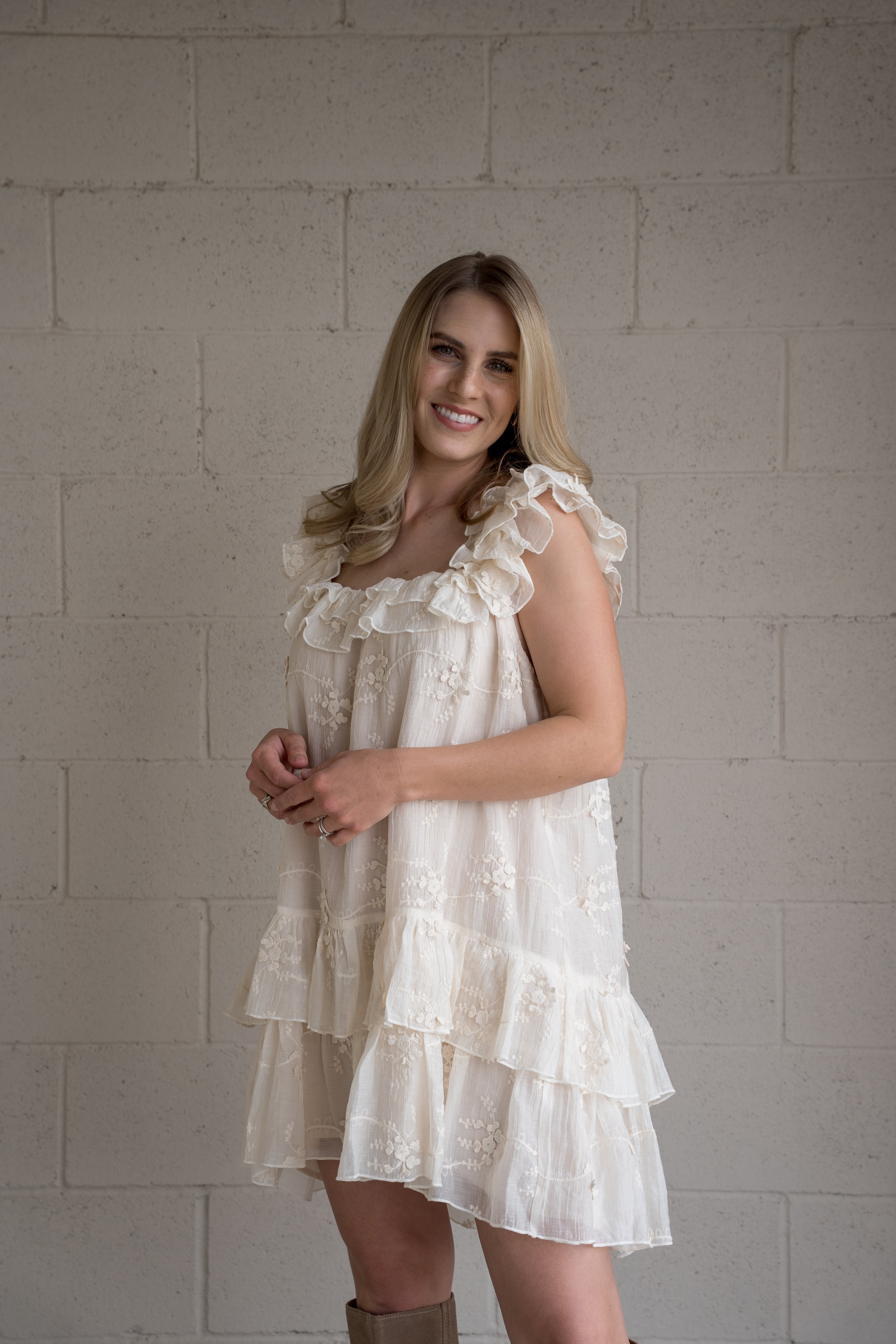Cream Ruffled Embroidered Dress