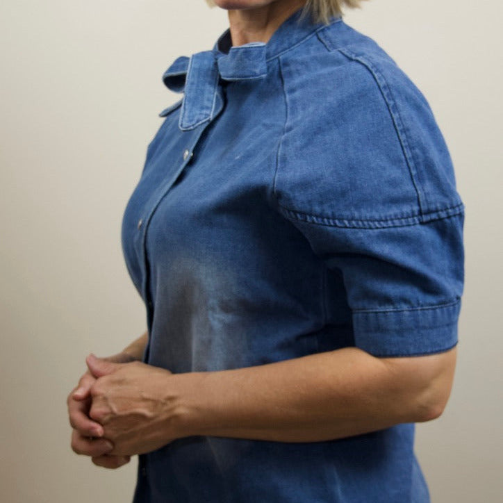 Tie Neck Denim Blouse