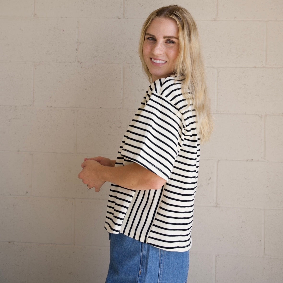Ivory and Black Striped Elbow Tee