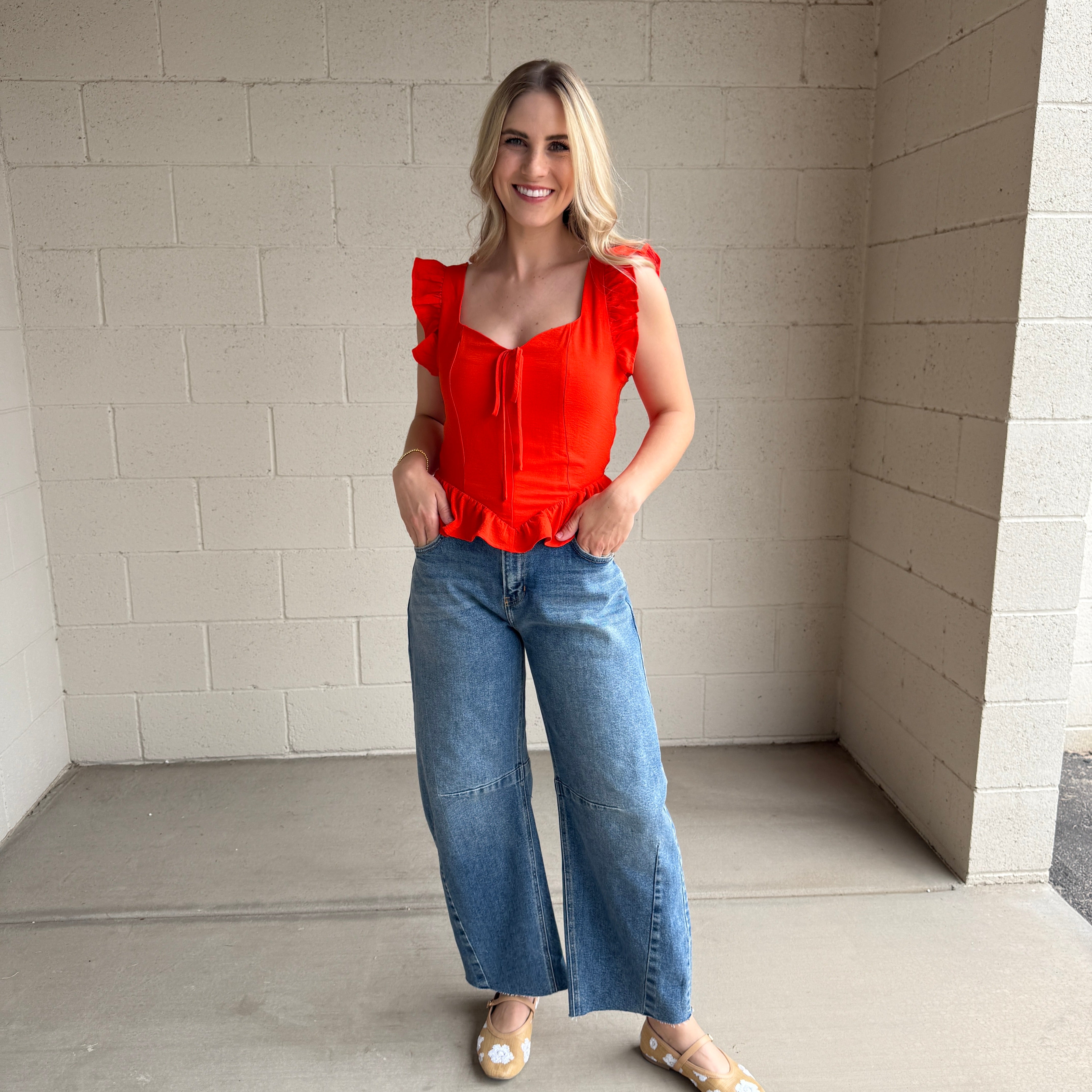 Red Tie Front Ruffle Top