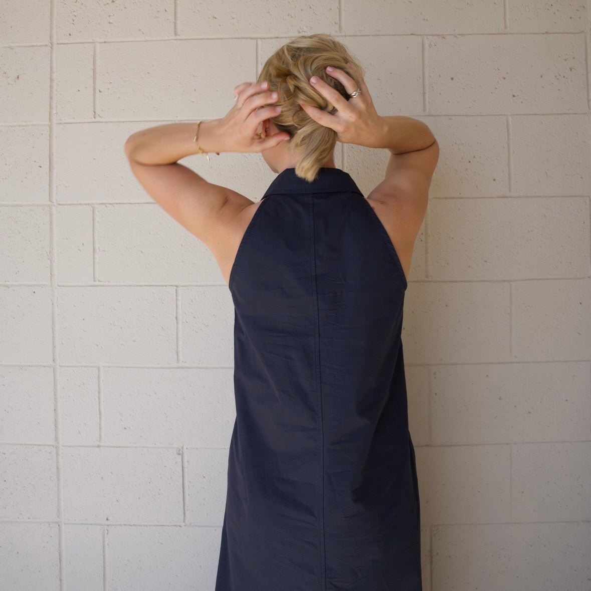 Navy Collared A-Line Midi Dress