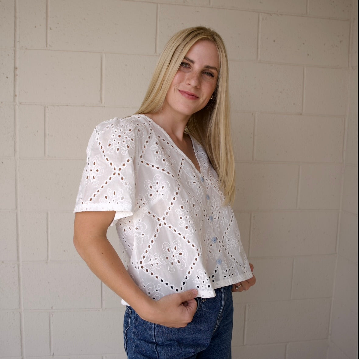 White Eyelet Short Sleeve Blouse