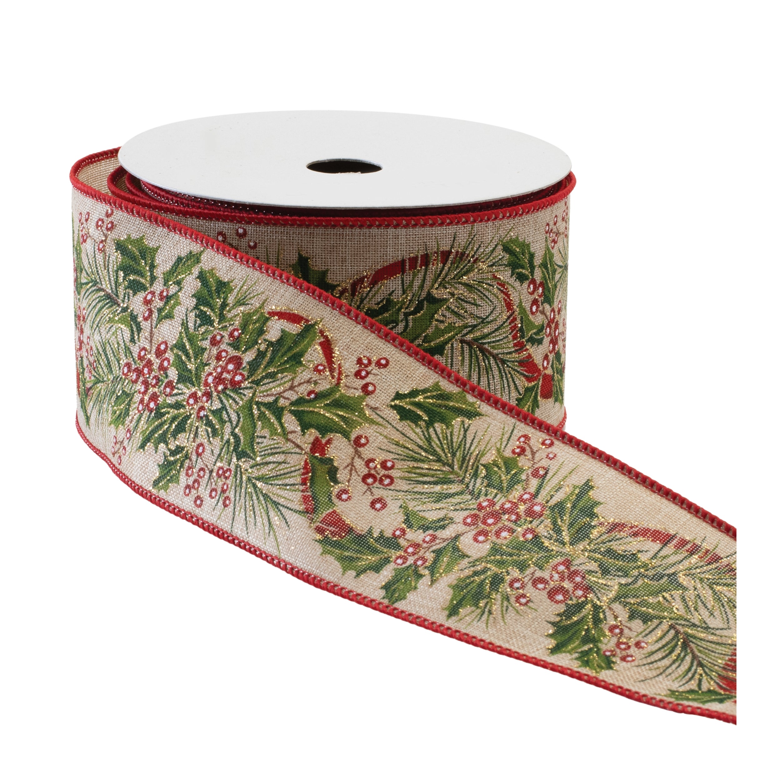 2.5" Holly & Pine Wired Ribbon - 10 Yards