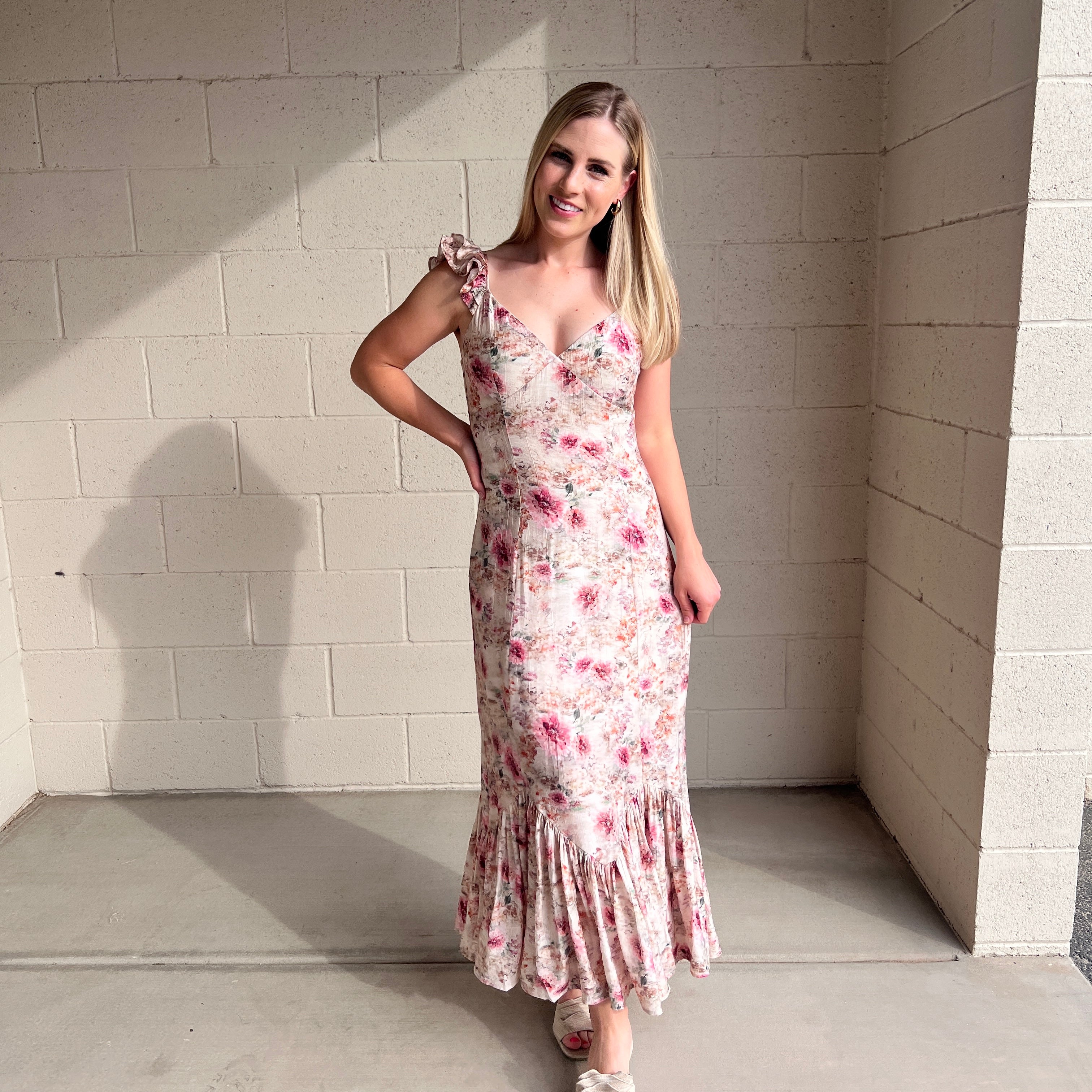 Floral Ruffle Strap Midi Dress