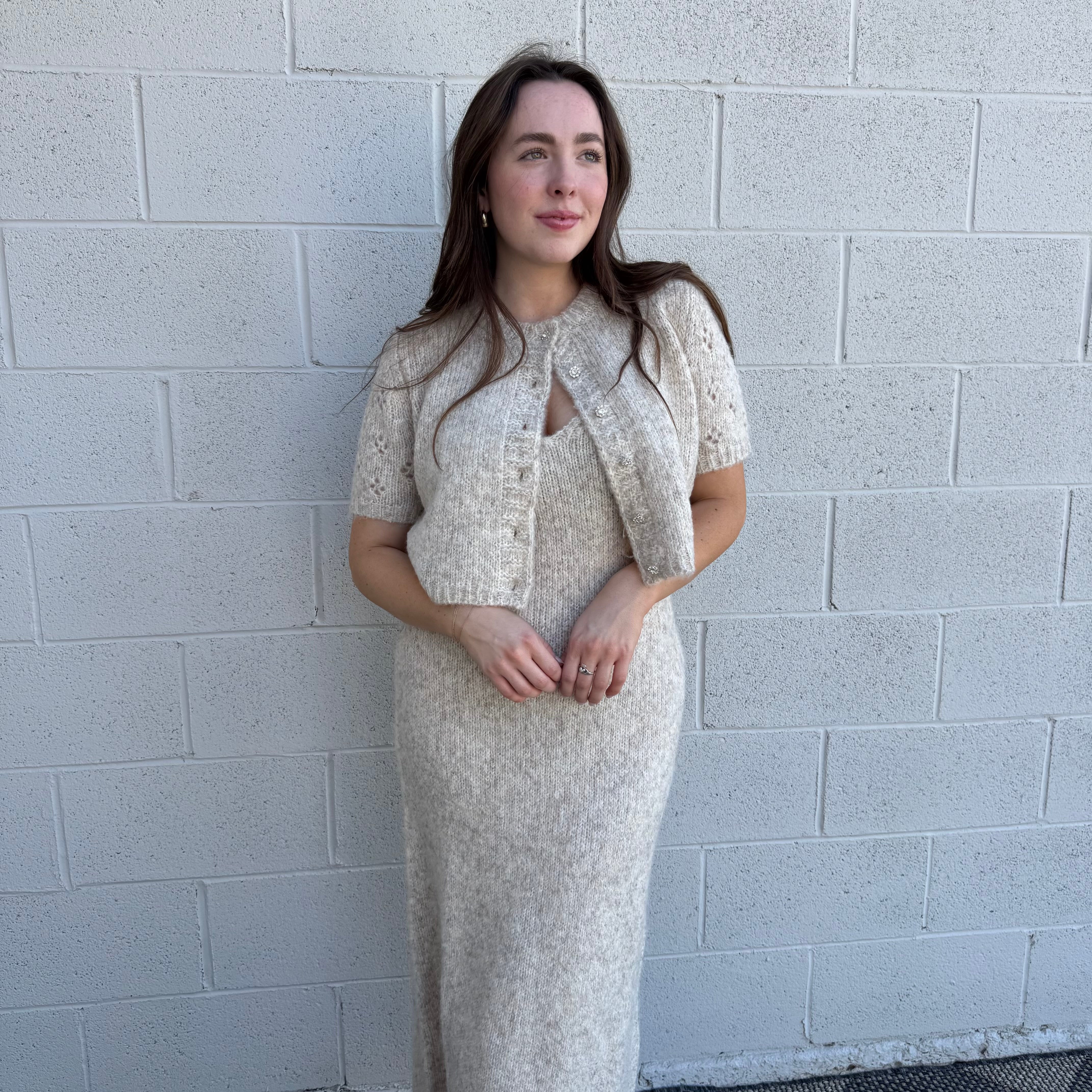 Oatmeal Knit Dress & Cardigan Set