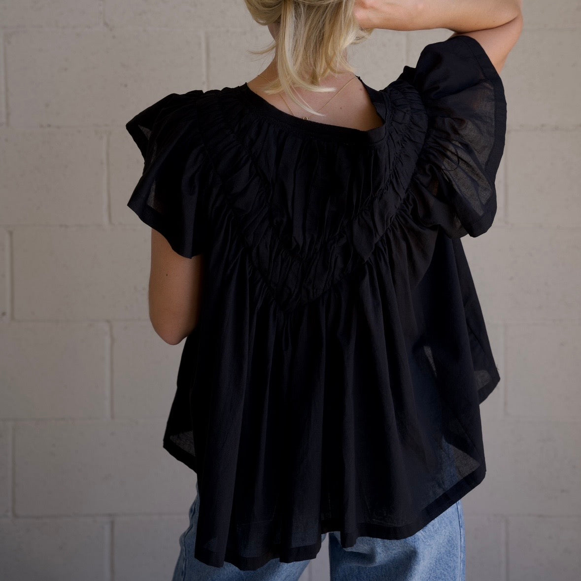 Black Flutter Sleeve Blouse