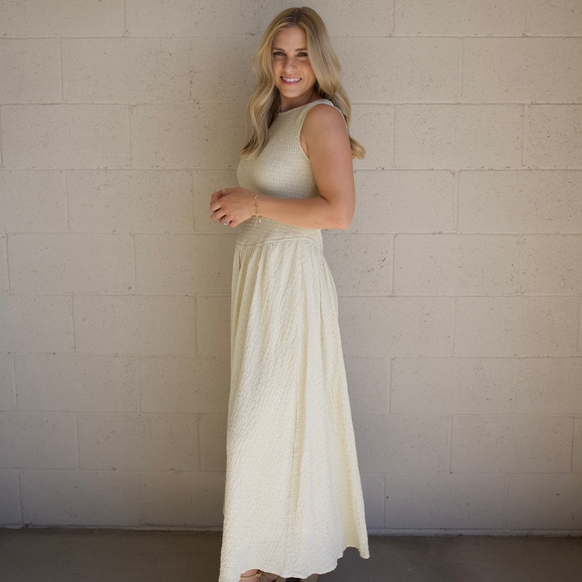 Cream Textured Smocked Maxi Dress
