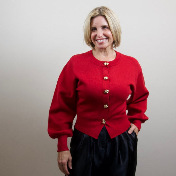 Red Knit Gold Button Cardigan