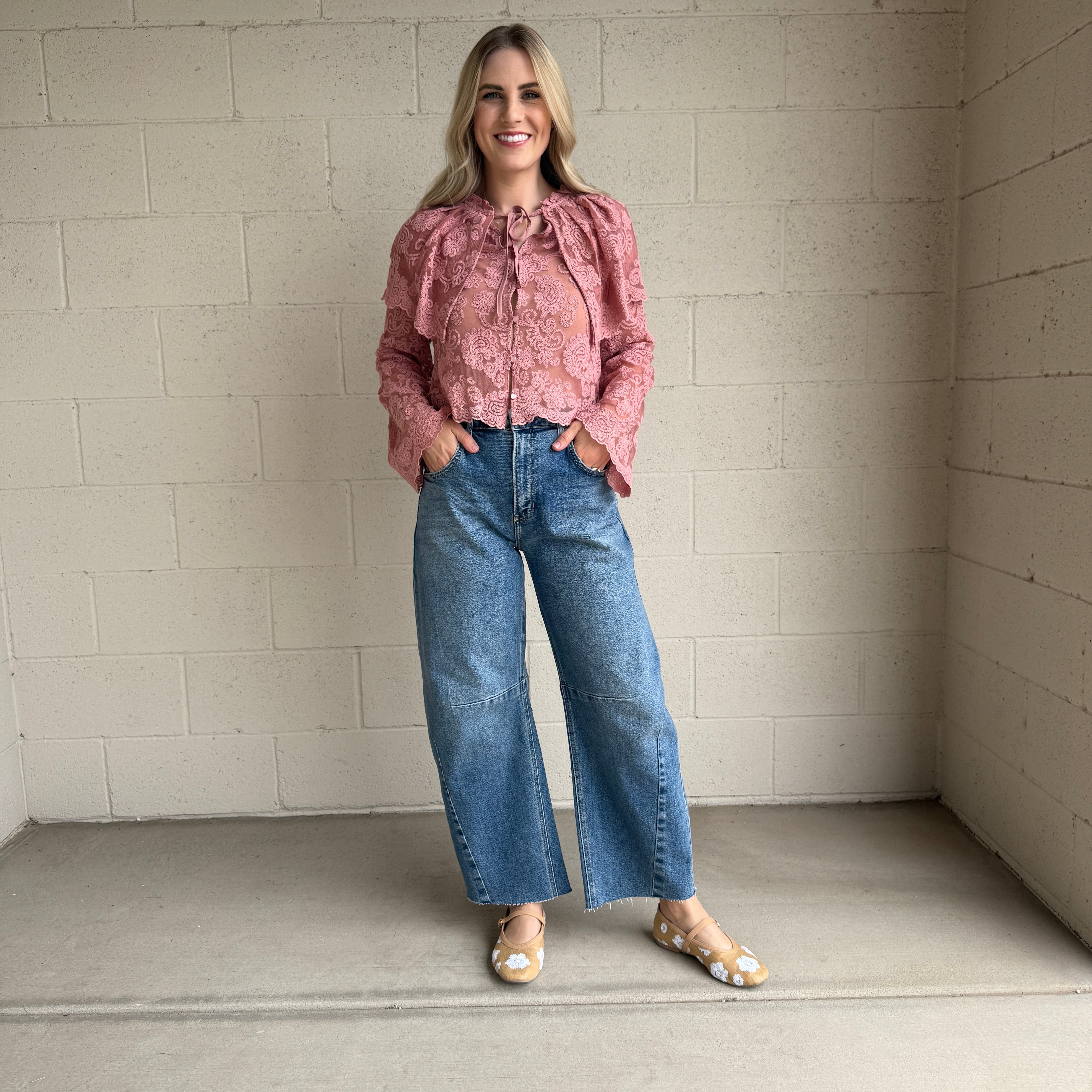 Blush Sheer Embroidered Collared Top