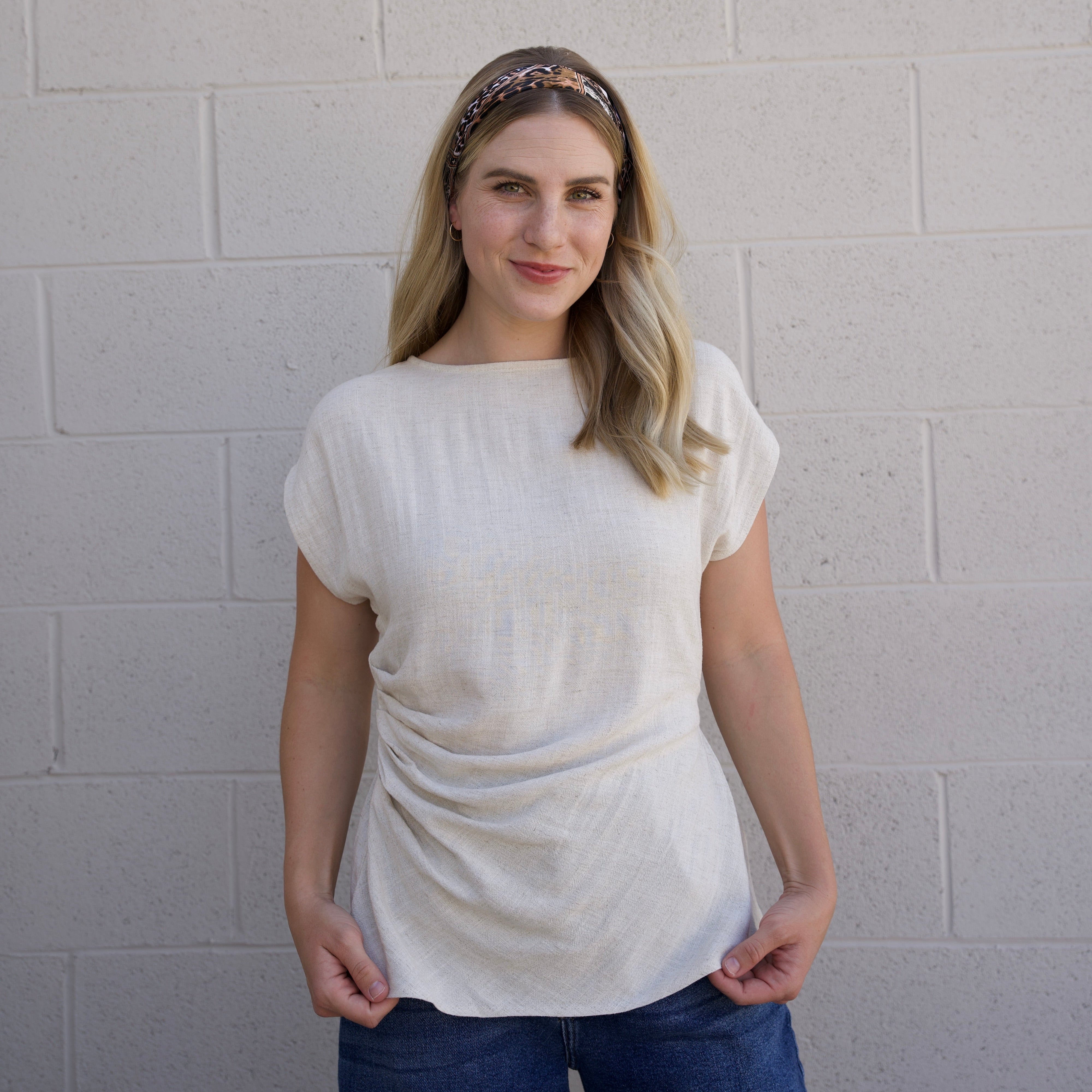 Cream Round Neck Shirring Top