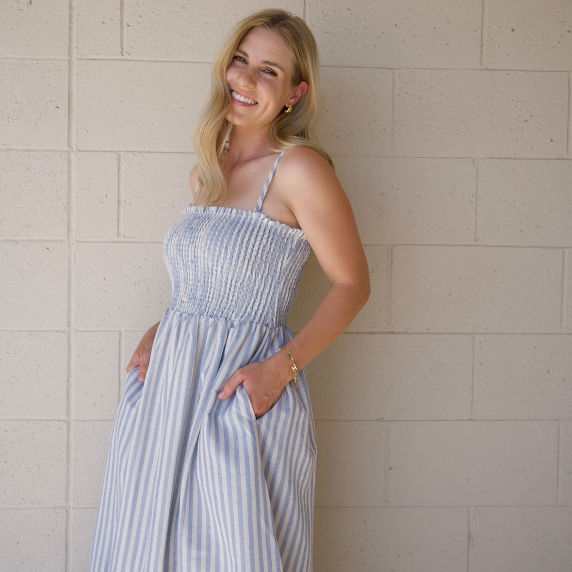 Blue Striped Smocked Maxi Dress