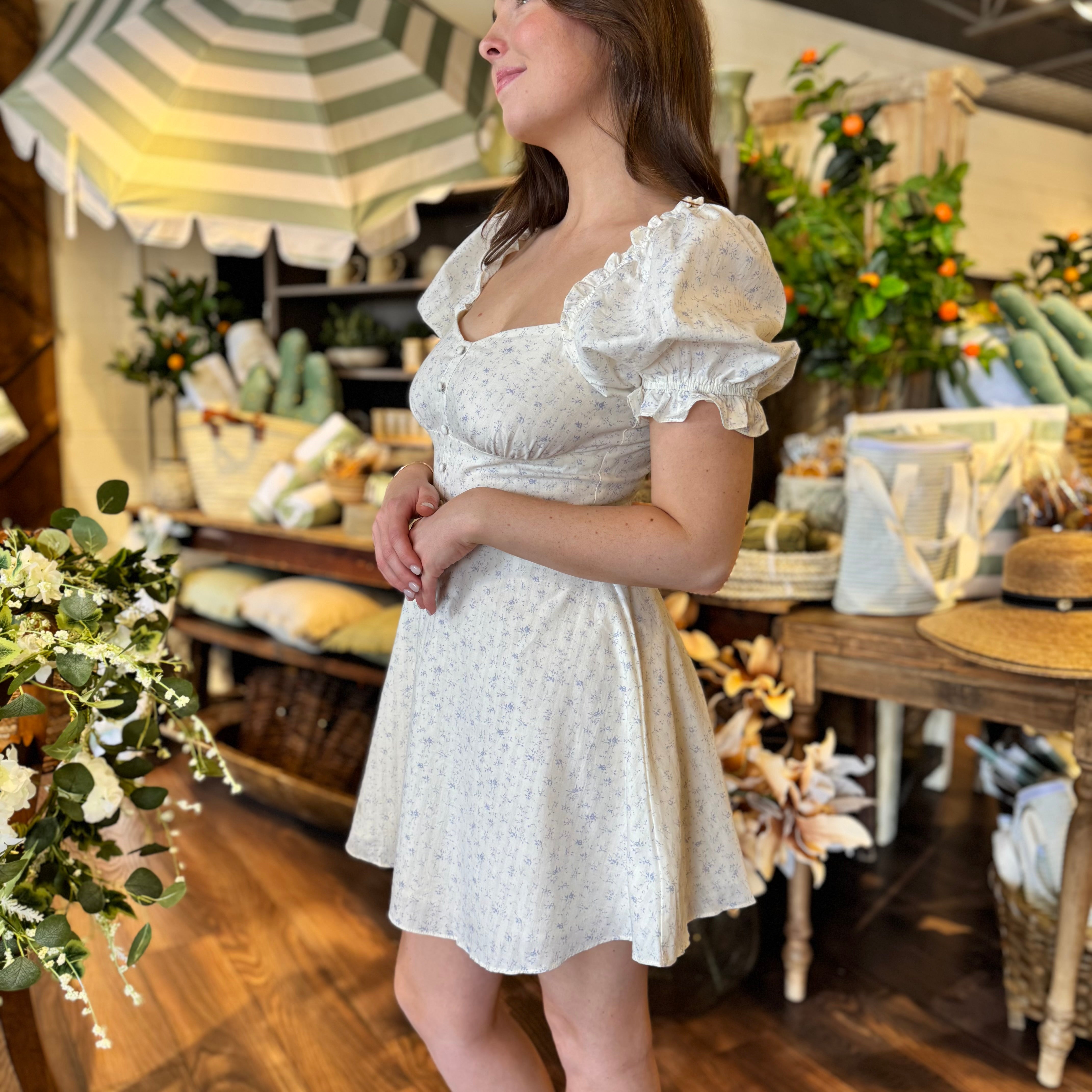 Blue Floral Cream Mini  Dress