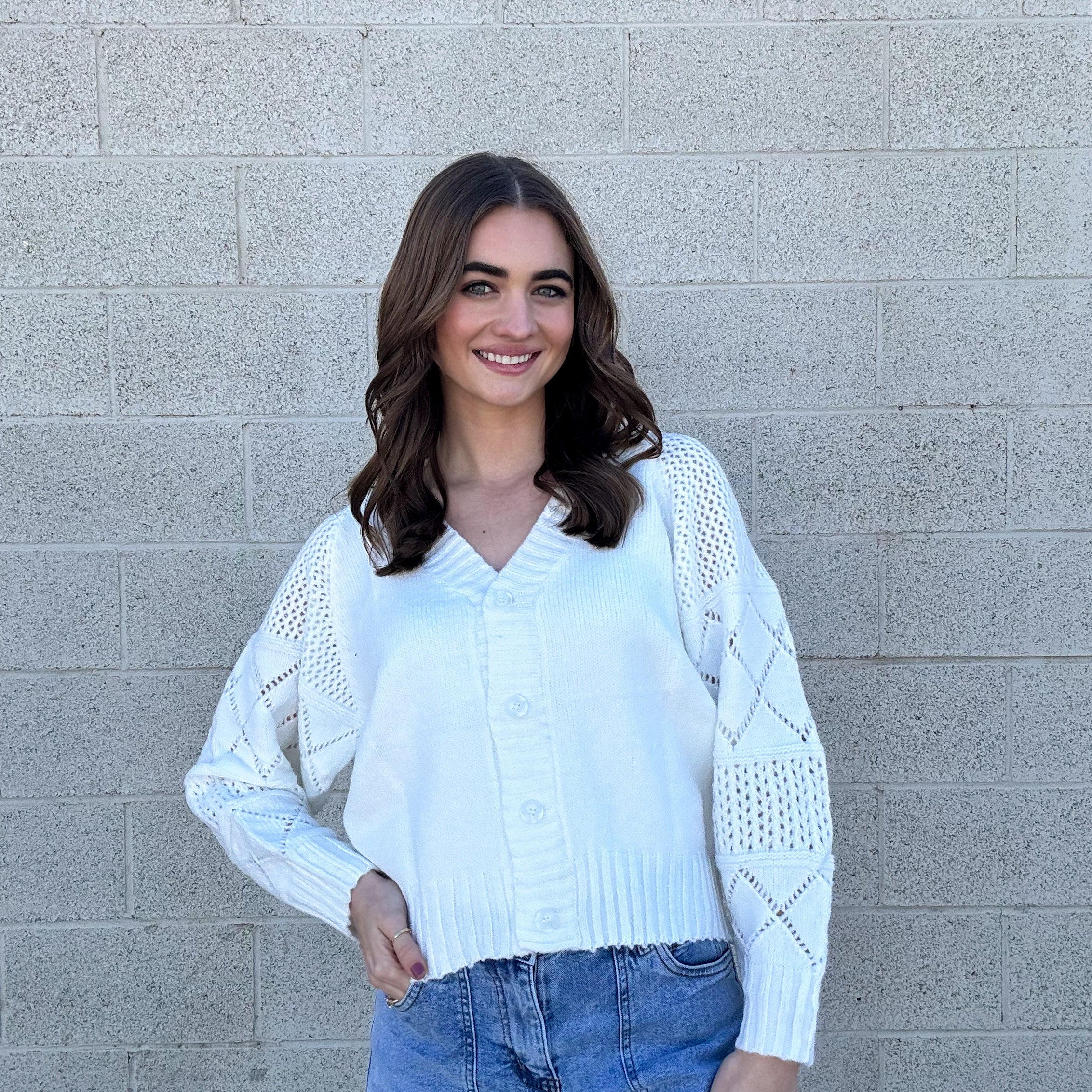 V Neck White Cardigan