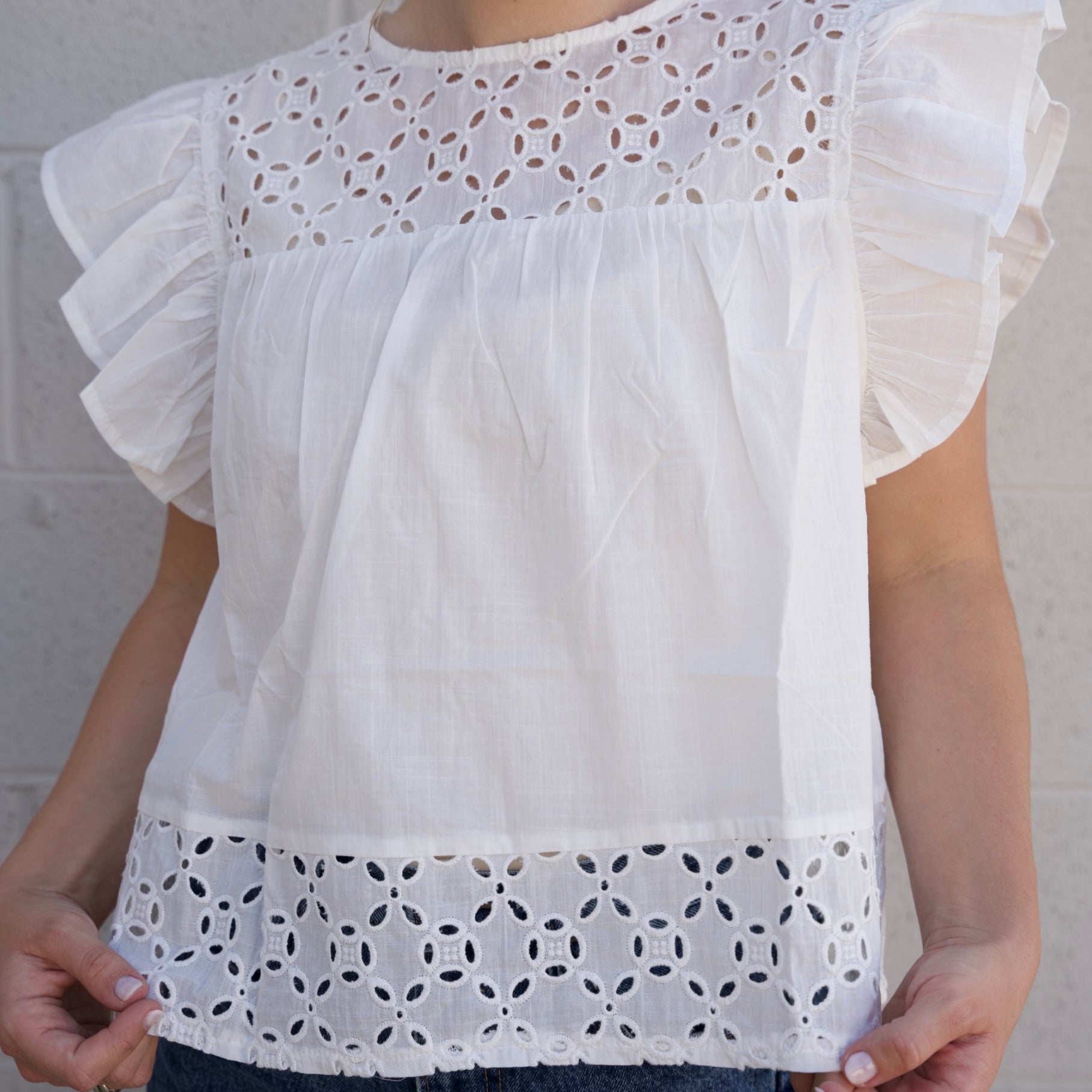 Embroidered Top with Ruffled Sleeves