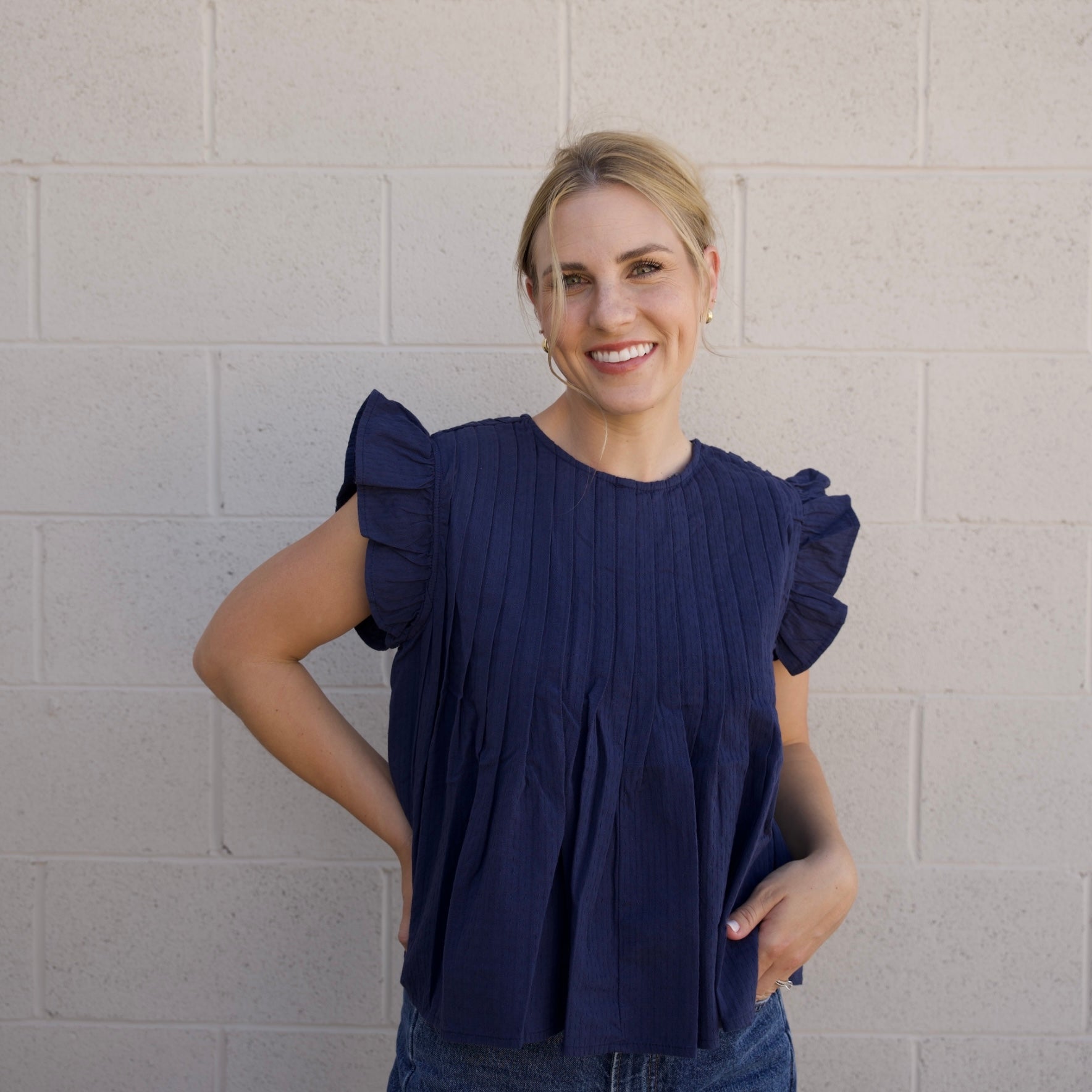 Navy Pleated Flutter Sleeve Top