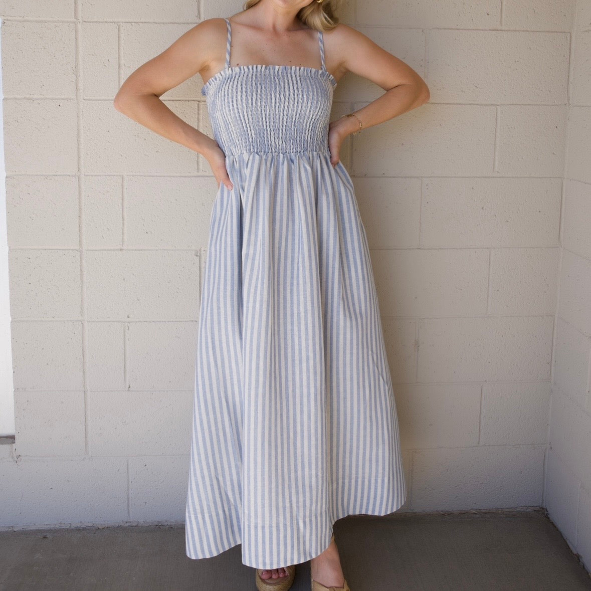Blue Striped Smocked Maxi Dress