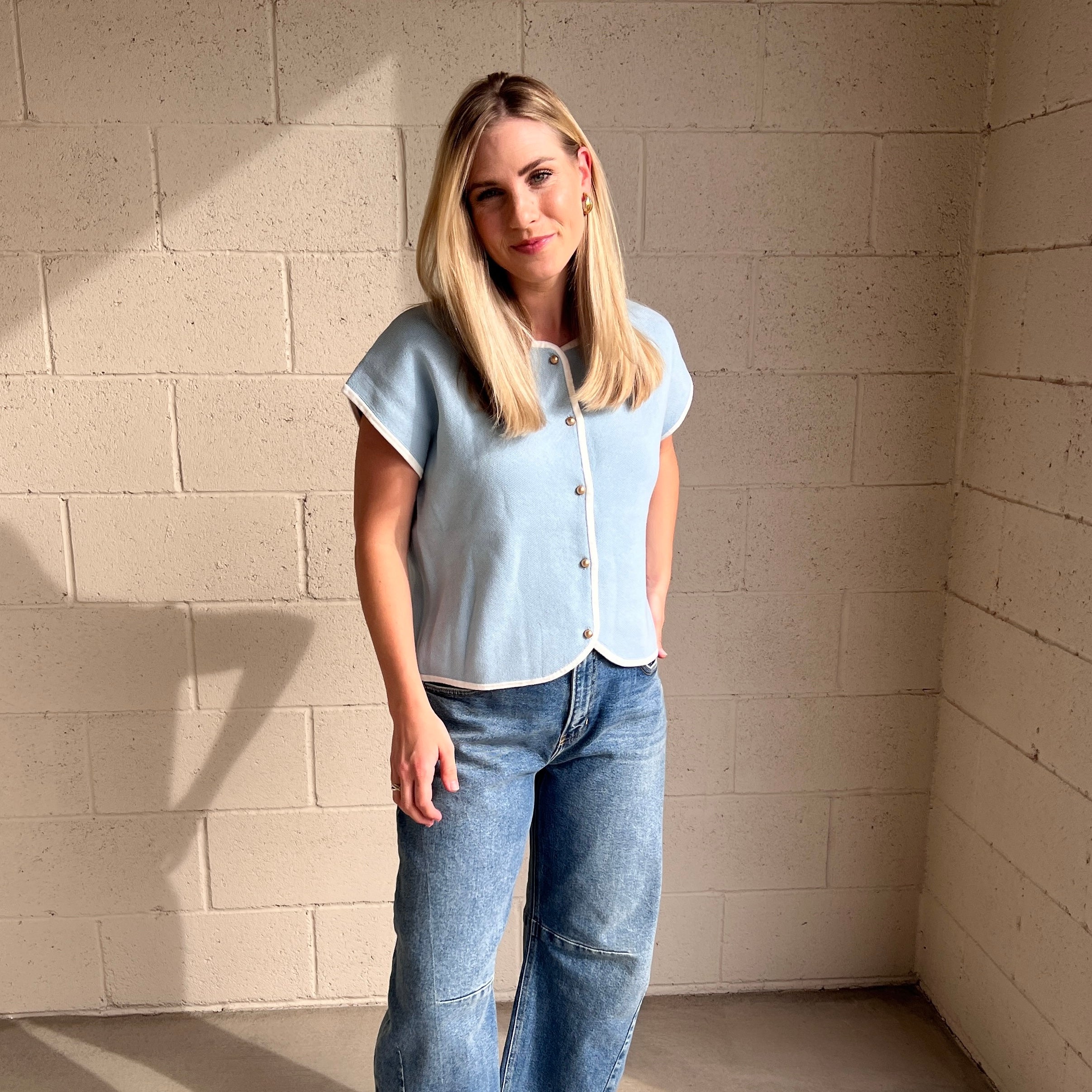 Blue Wide Shoulder Knit Top