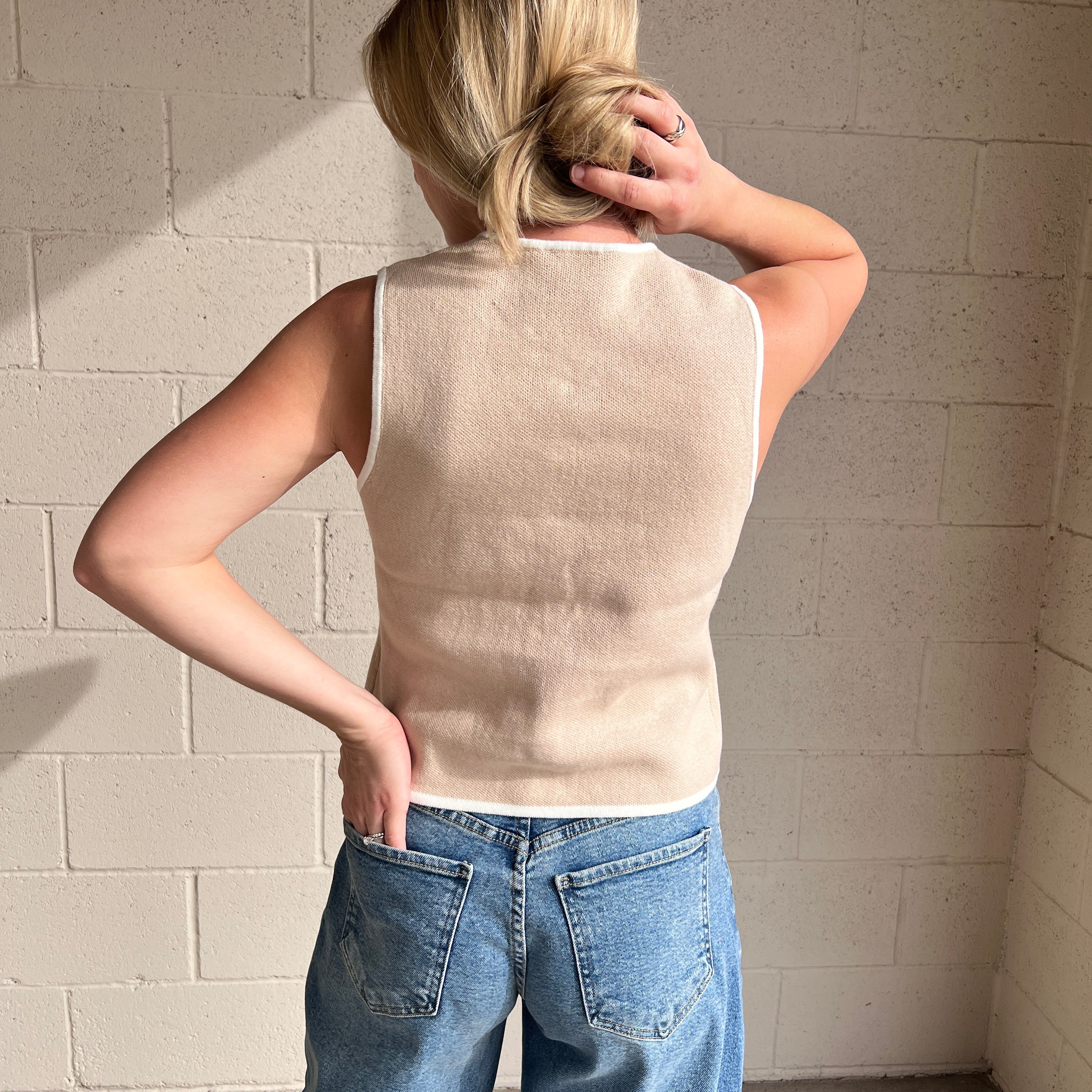 Beige Crew Neck Sleeveless Knit Button Vest