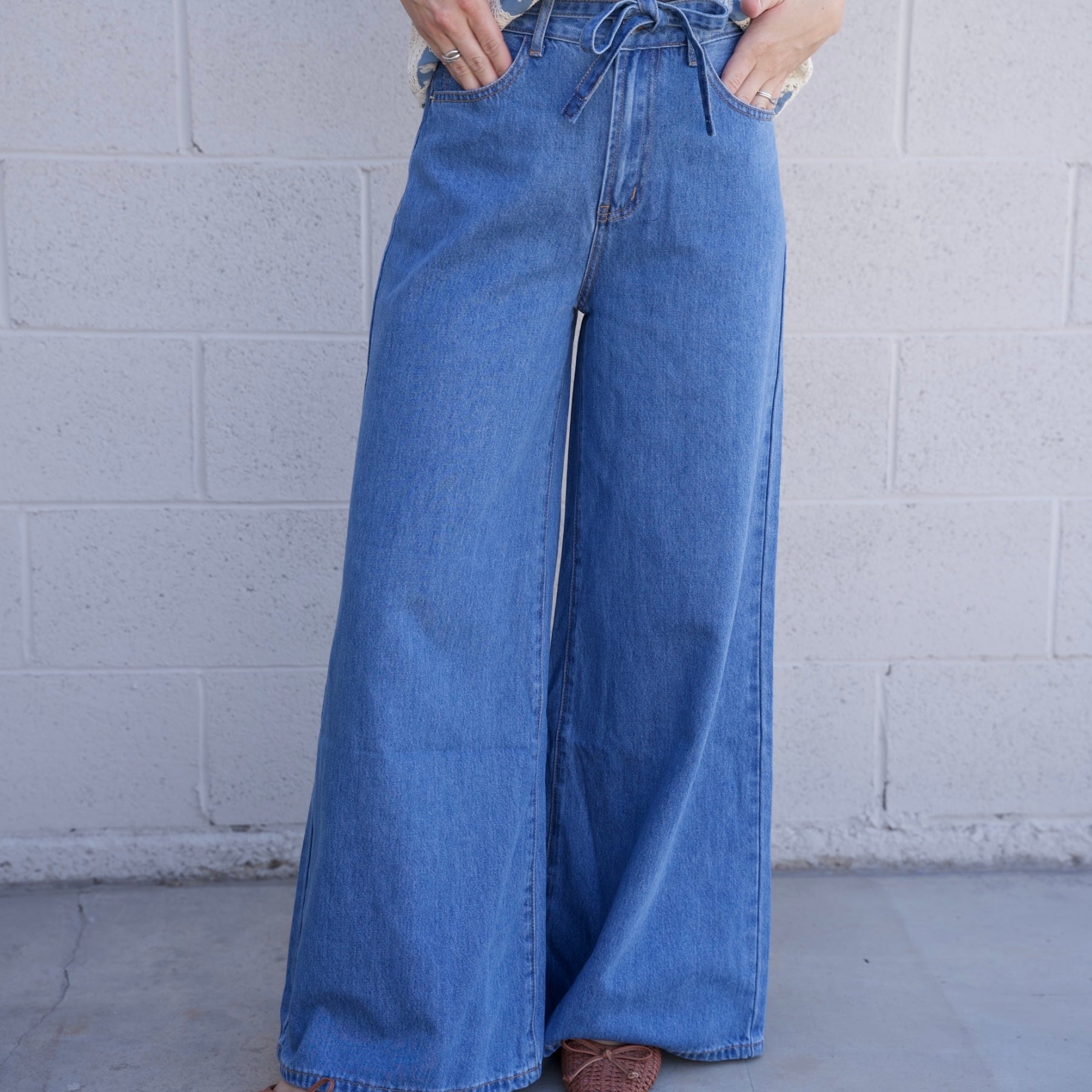 Wide Leg Denim Pants with Tie Belt