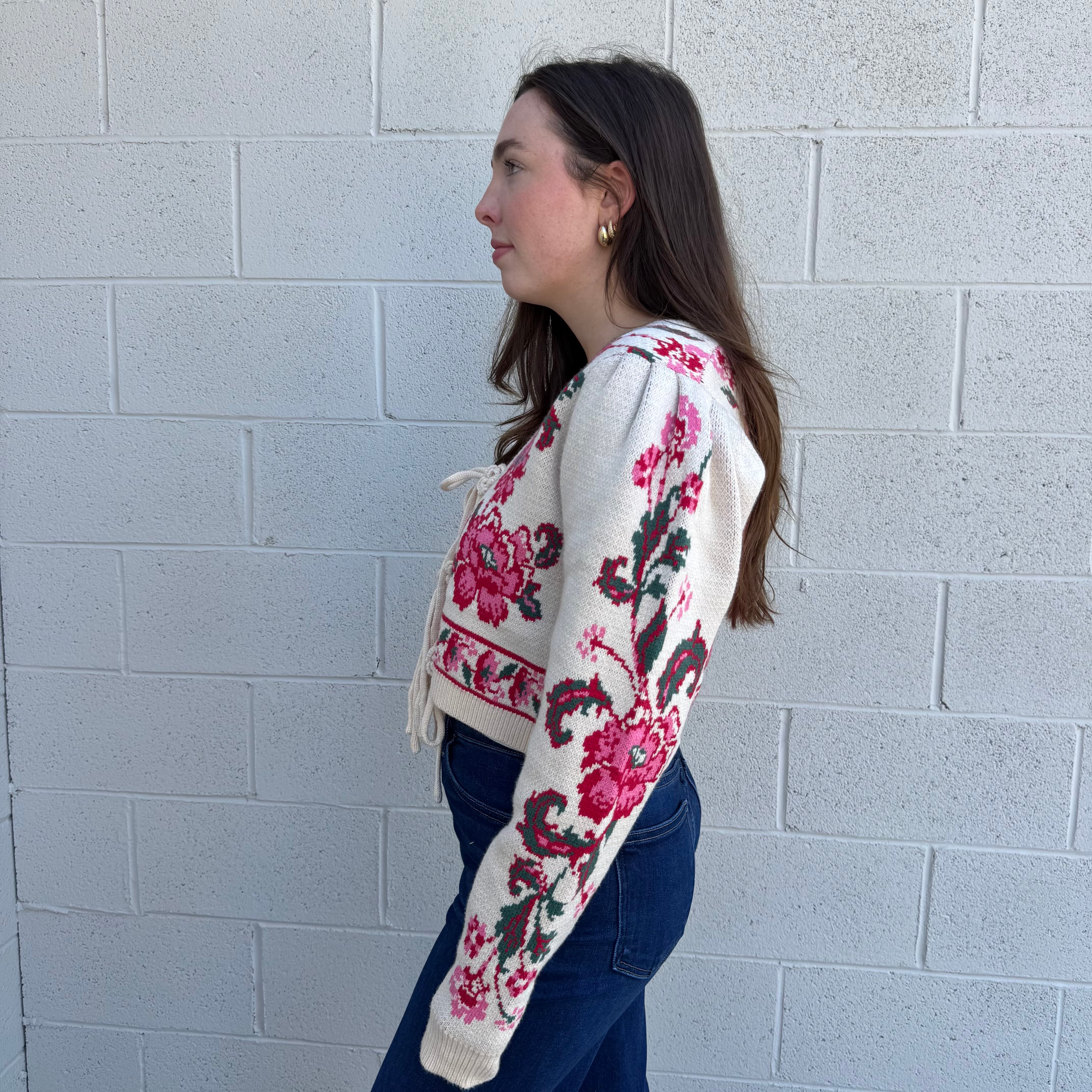 Floral Knit Tie-Front Cropped Cardigan