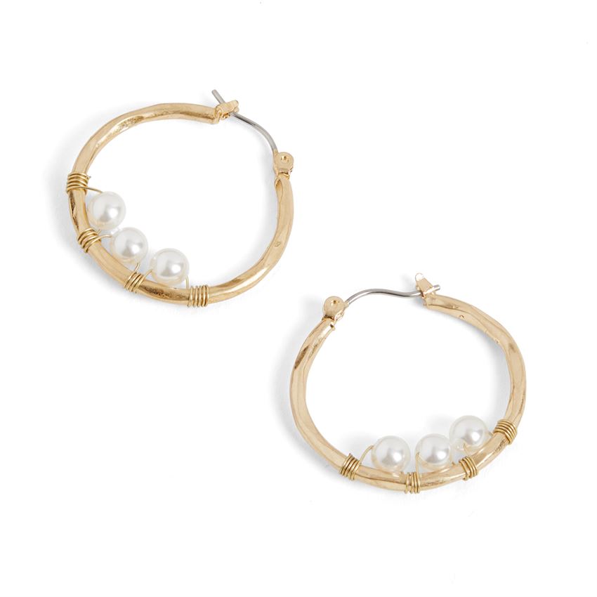 Gold Wavy Pearl Hoop Earrings