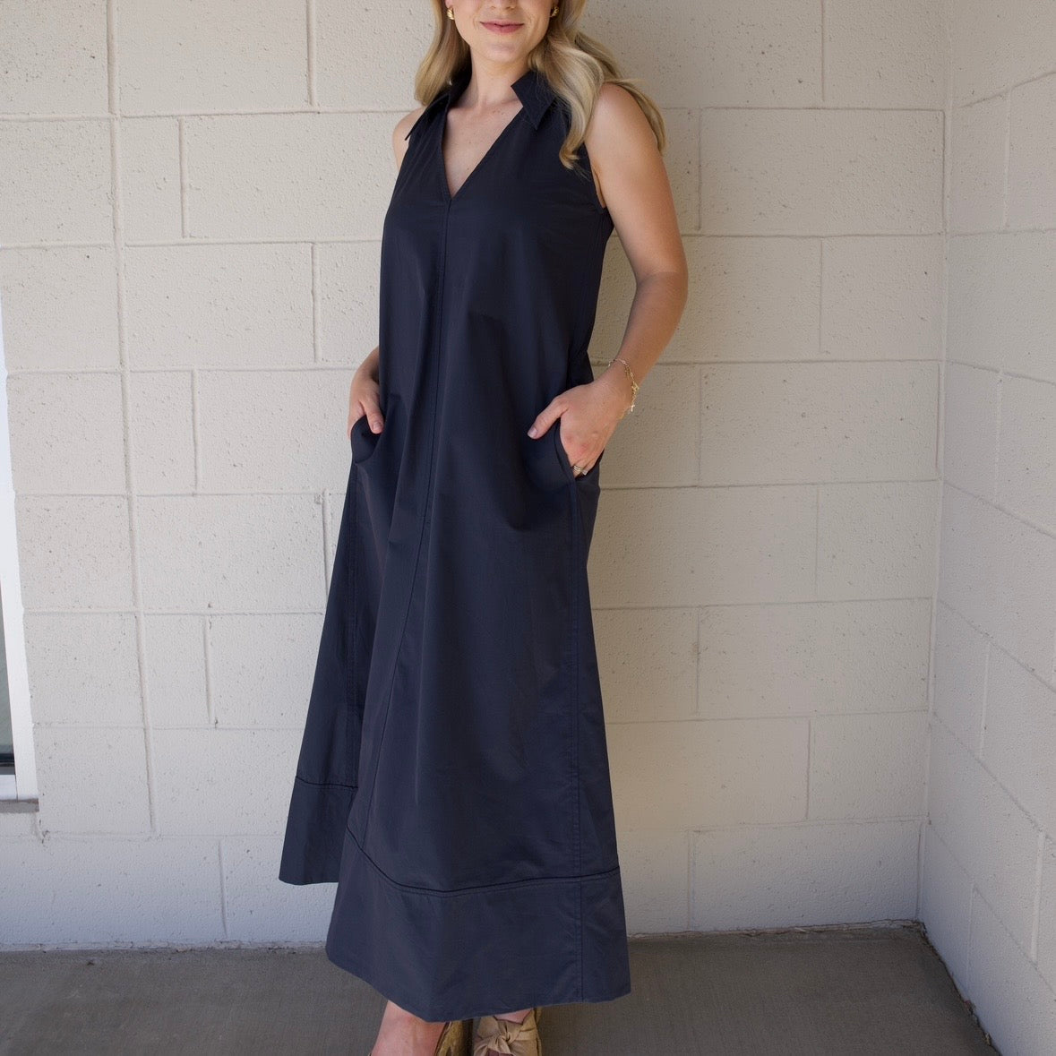 Navy Collared A-Line Midi Dress