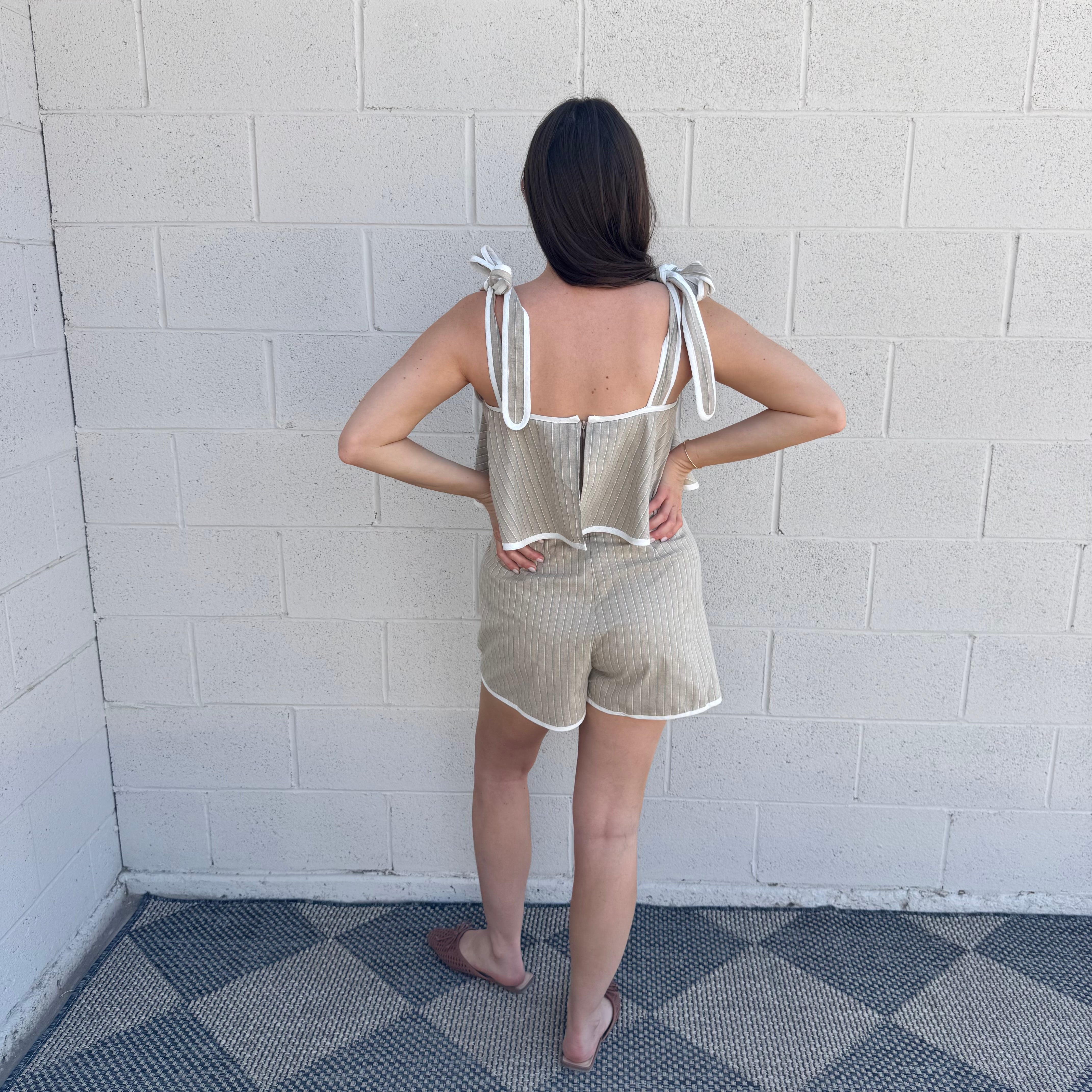 Taupe Striped Tie Romper