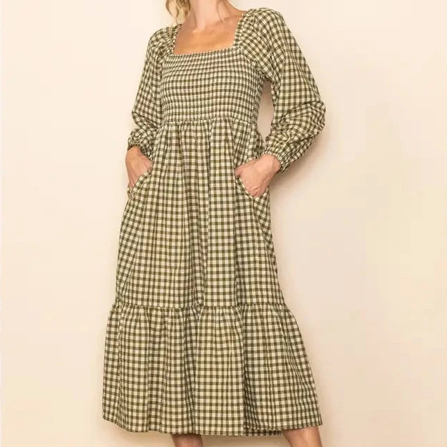 Olive Gingham Midi Dress