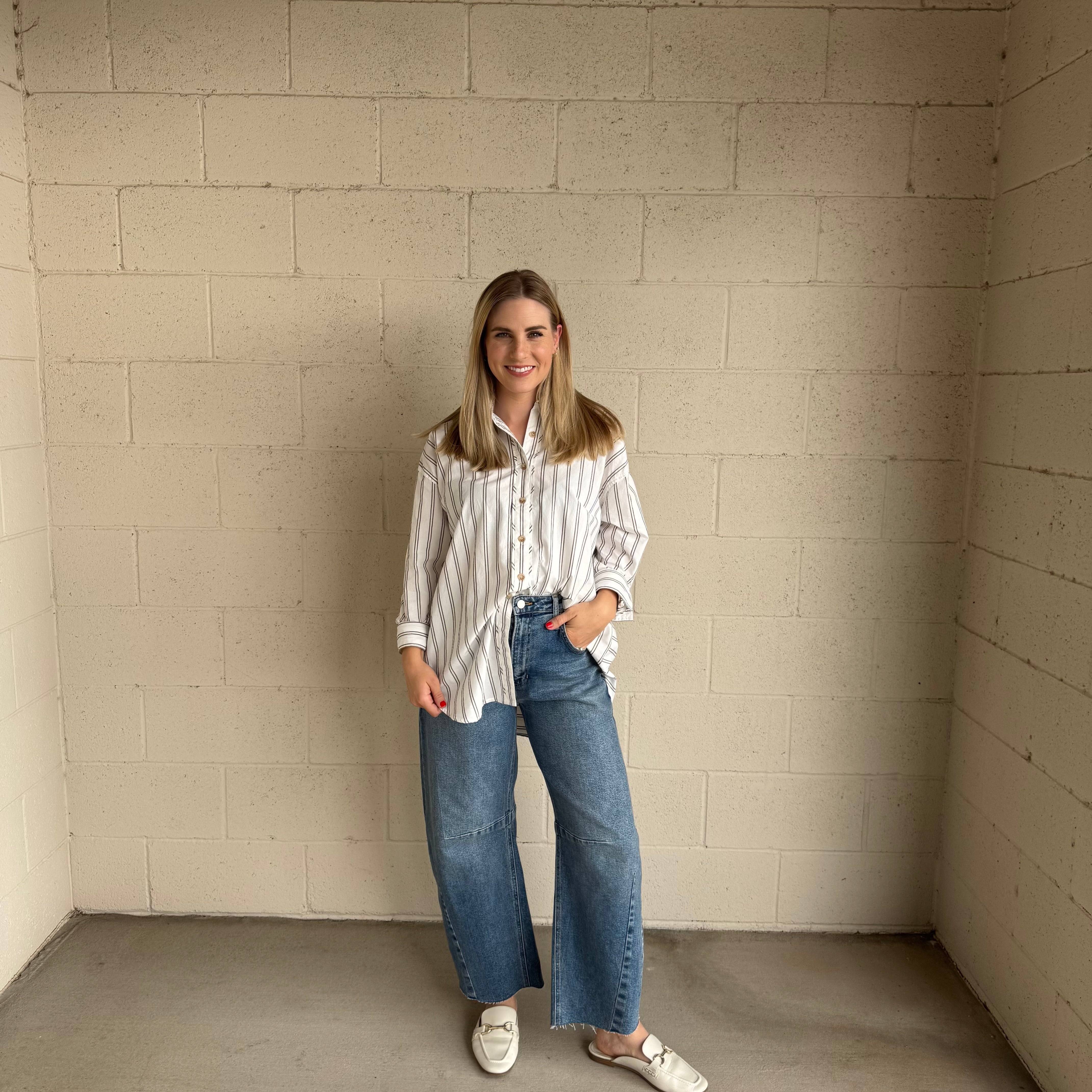 Ivory Striped Oversized Collared Shirt