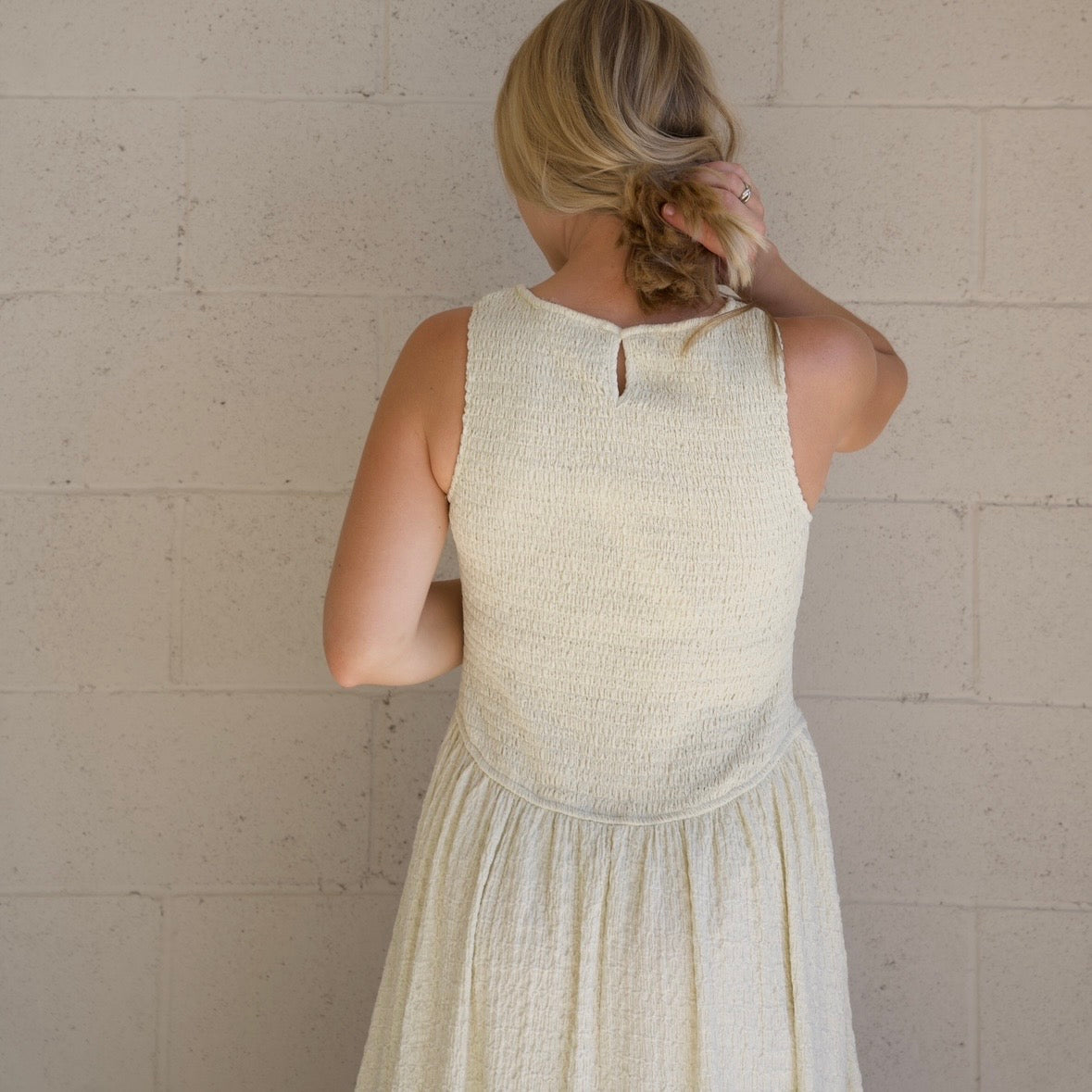 Cream Textured Smocked Maxi Dress