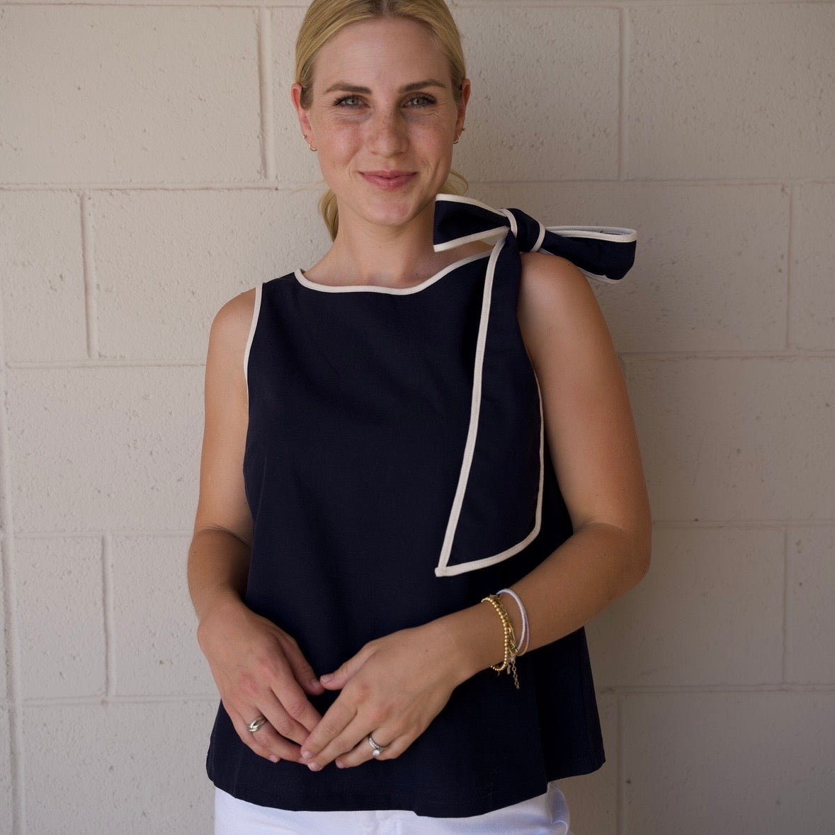 Navy Bow Shoulder Top