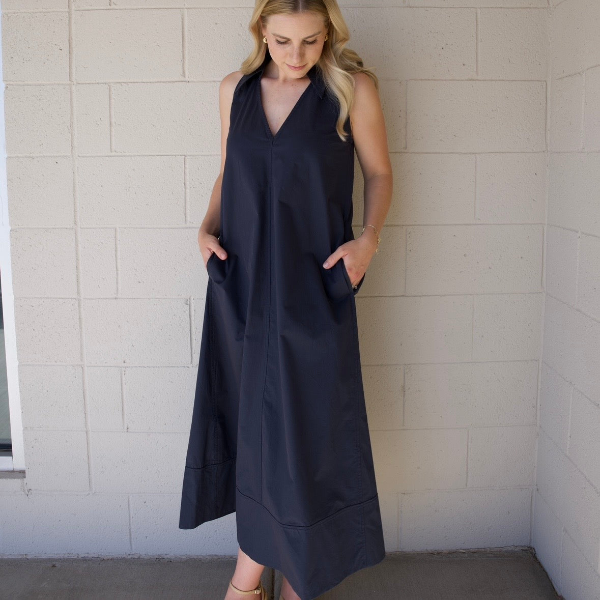 Navy Collared A-Line Midi Dress