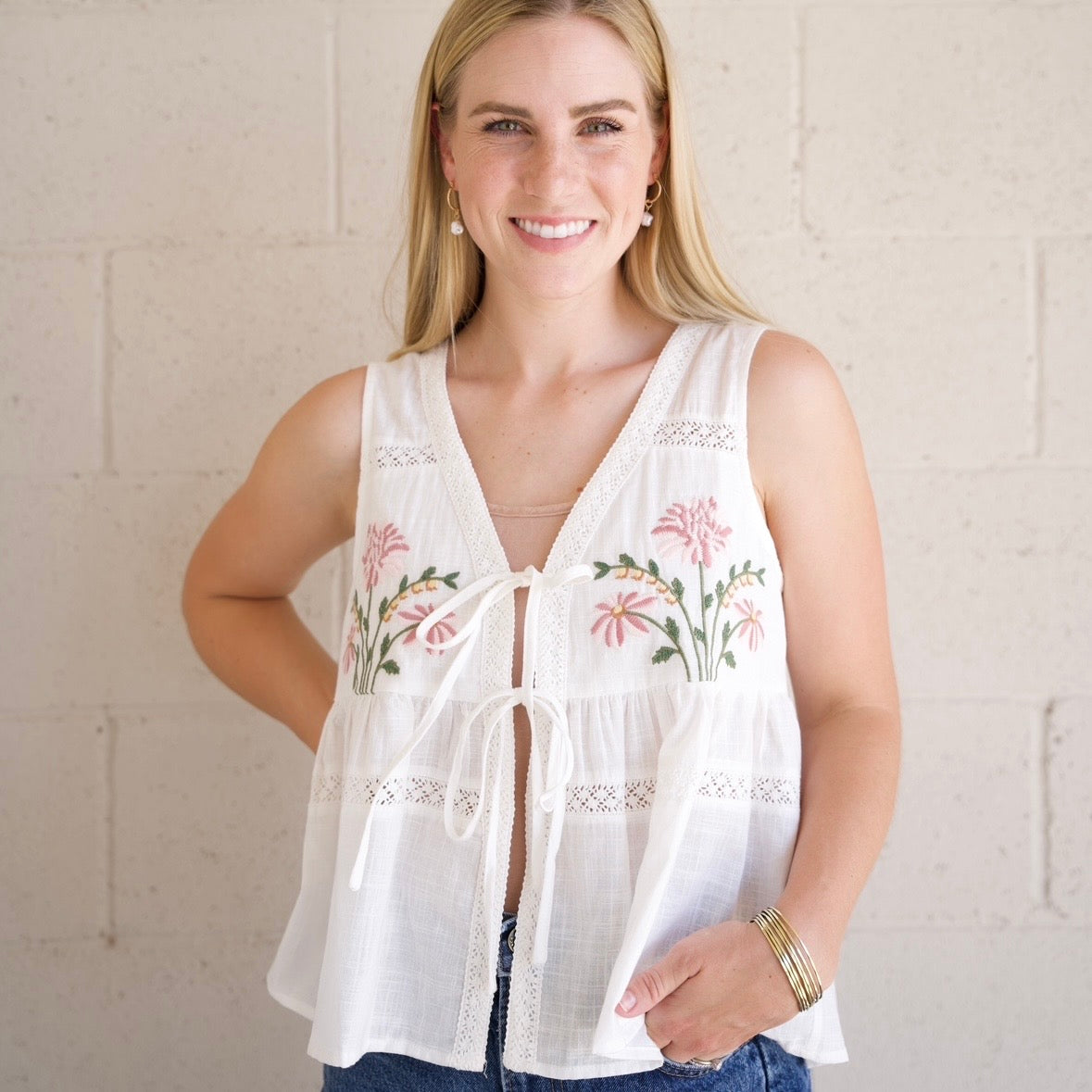 Embroidered Floral Tie-Front Top