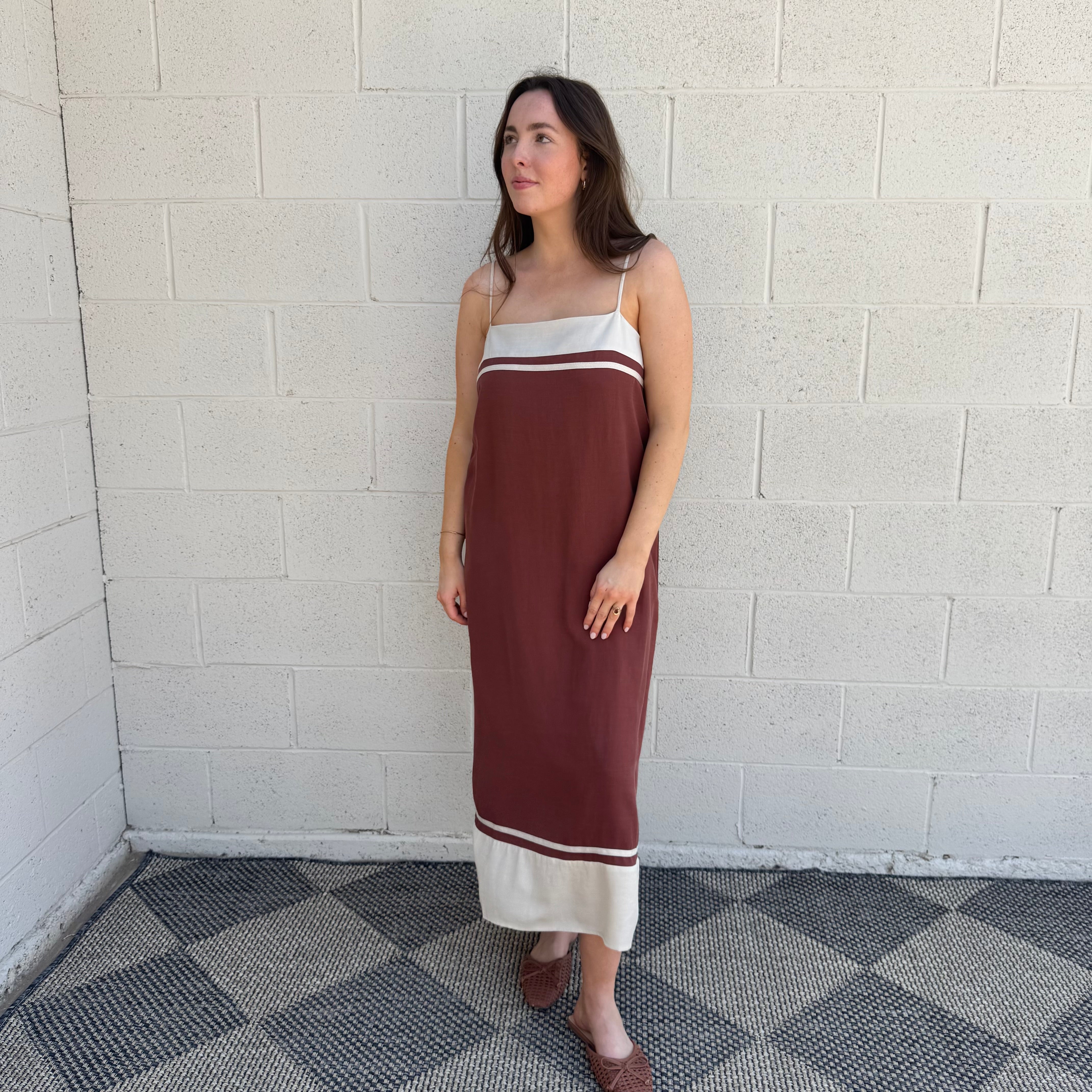 Rust and Cream Striped Midi Dress