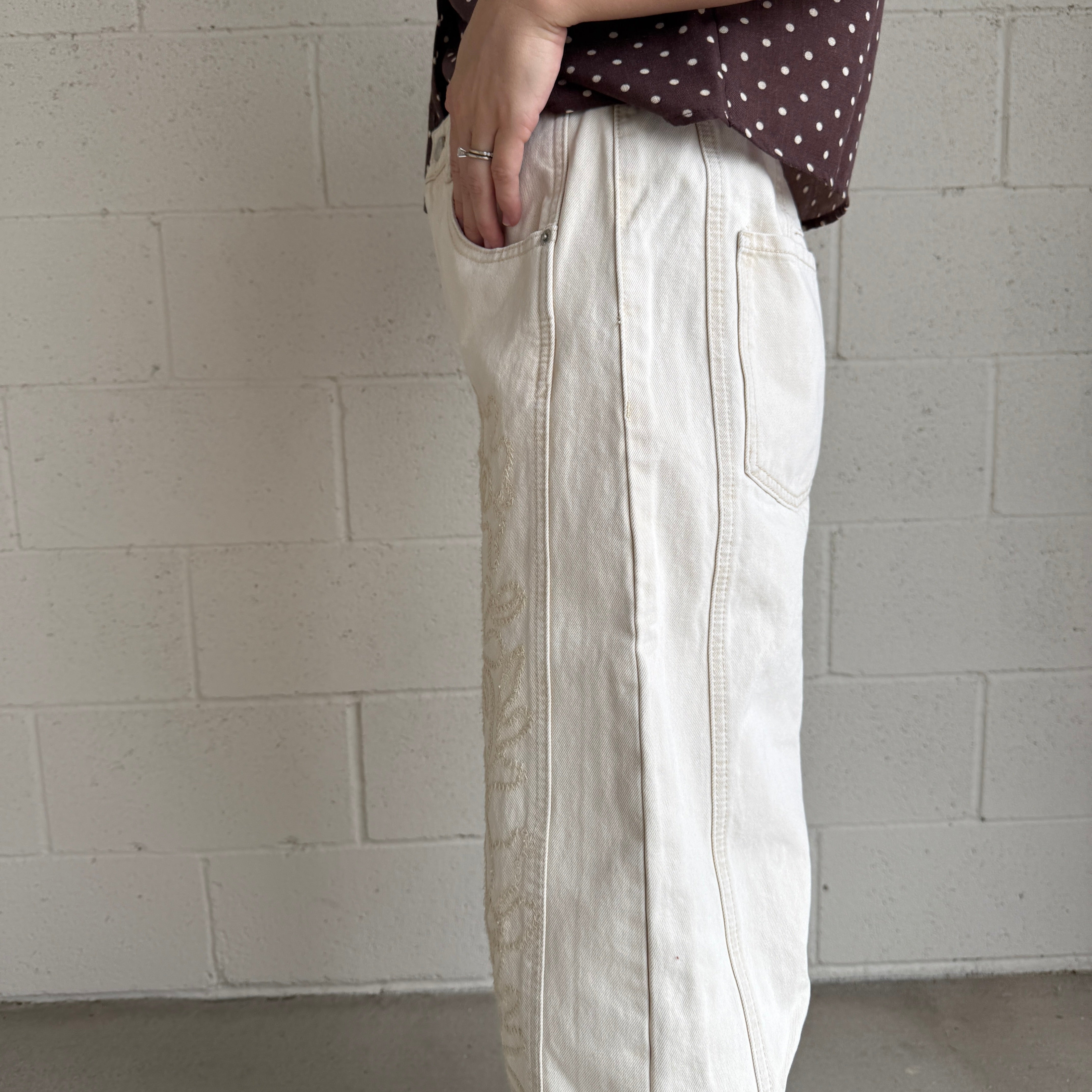 Beige Embroidered Barrel Pants