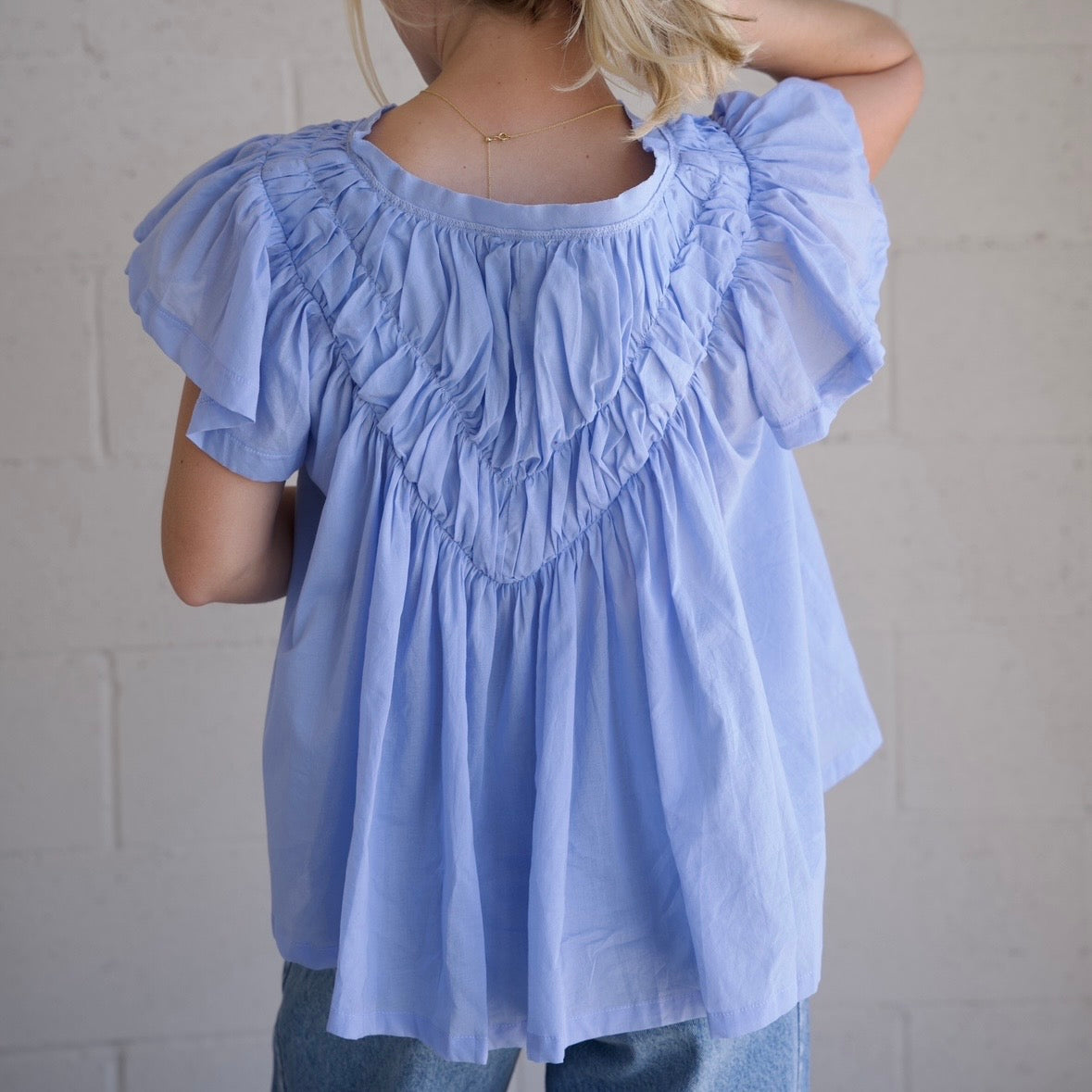 Blue Flutter Sleeve Blouse