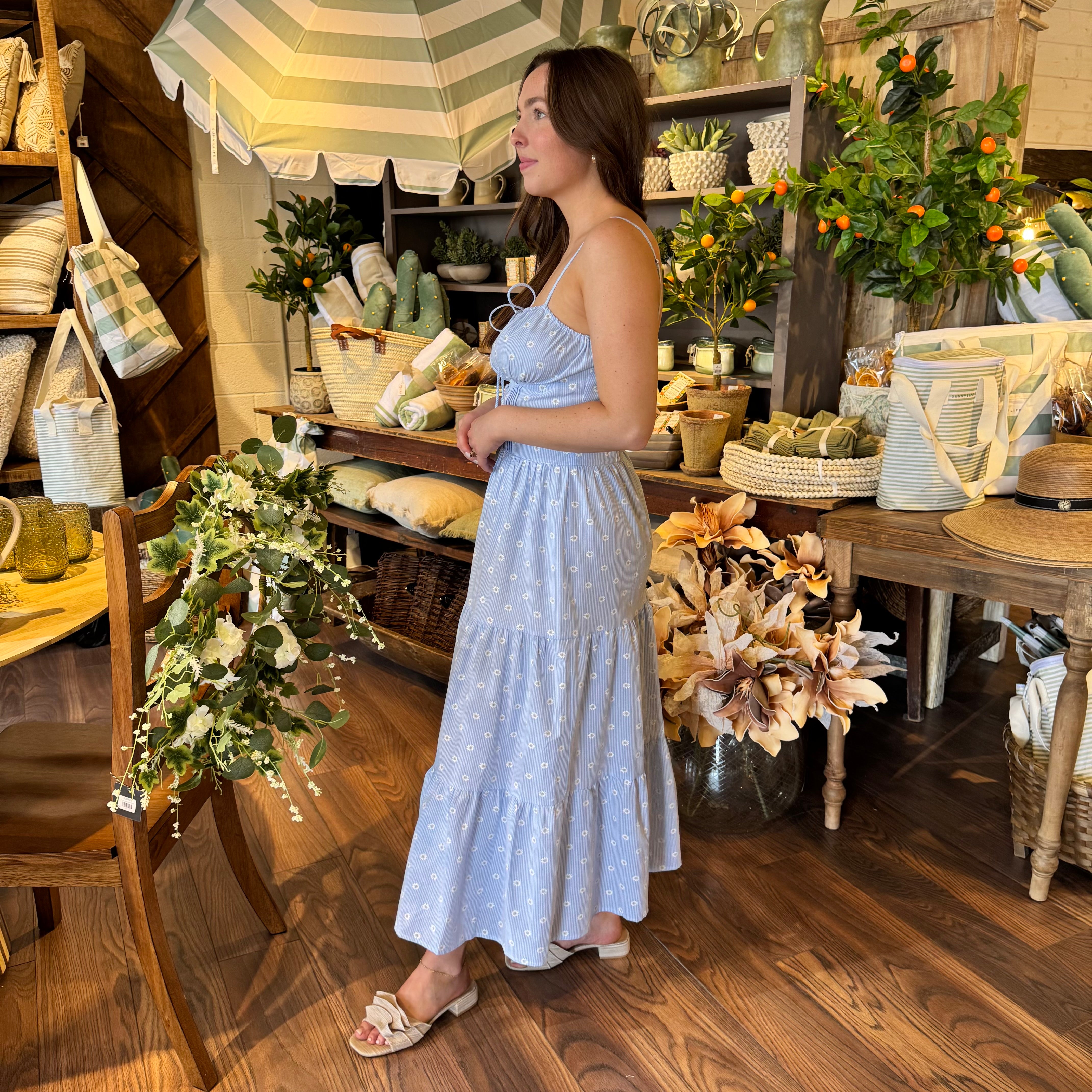 Blue Daisy Print Midi Dress