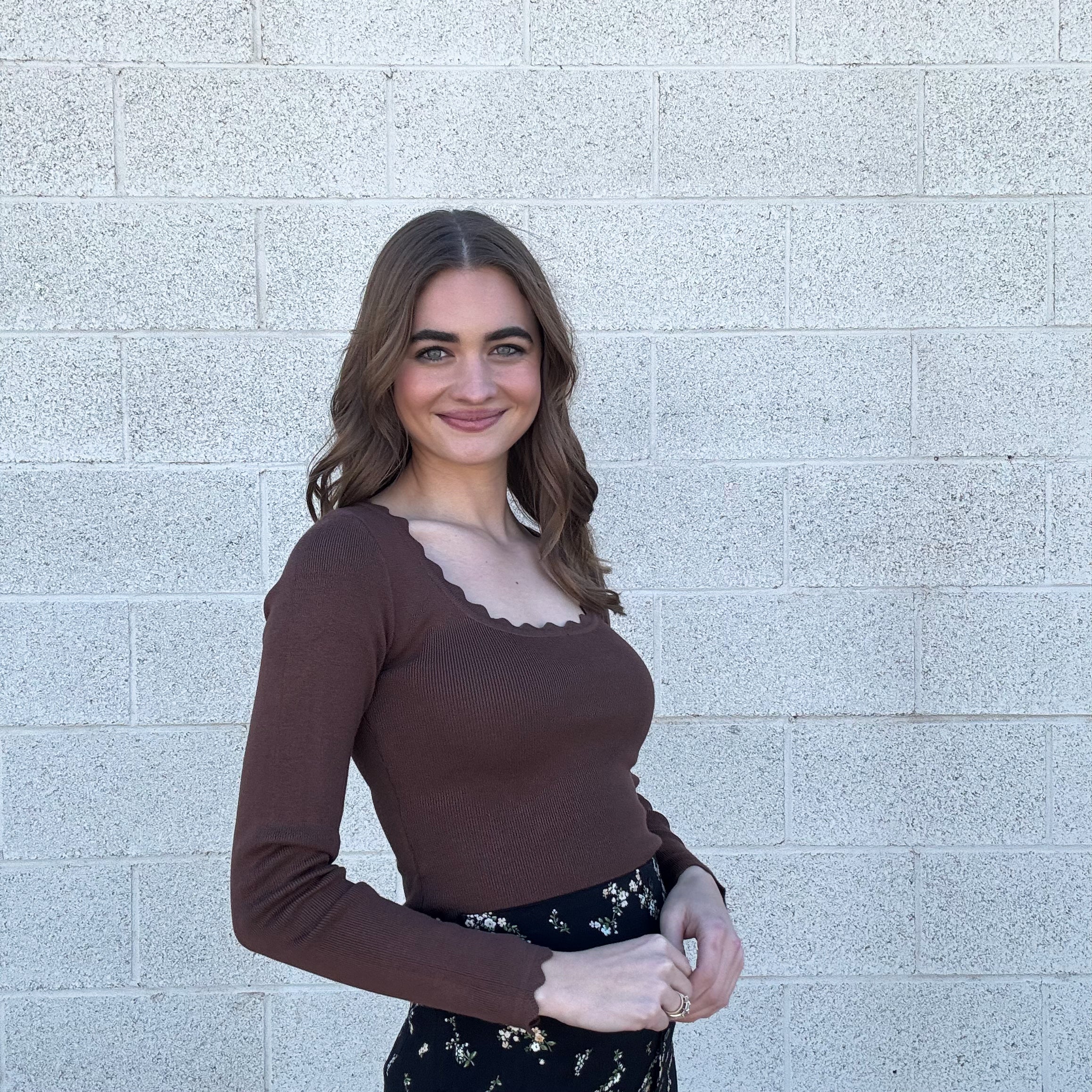 Brown Scalloped Long Sleeve Top