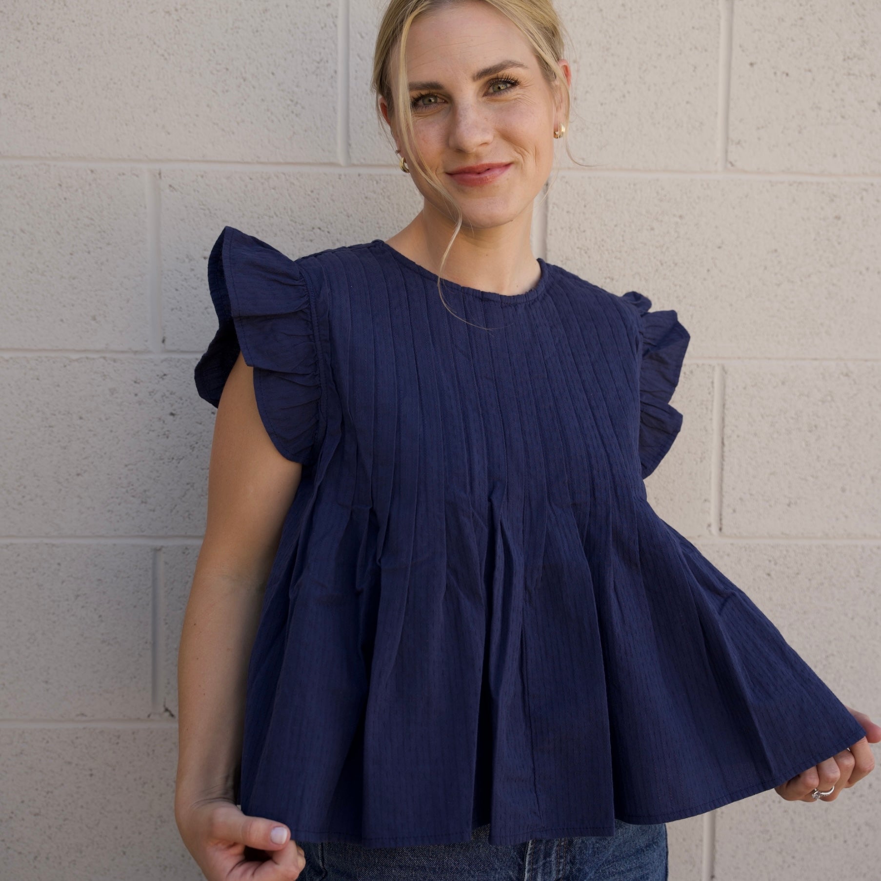 Navy Pleated Flutter Sleeve Top