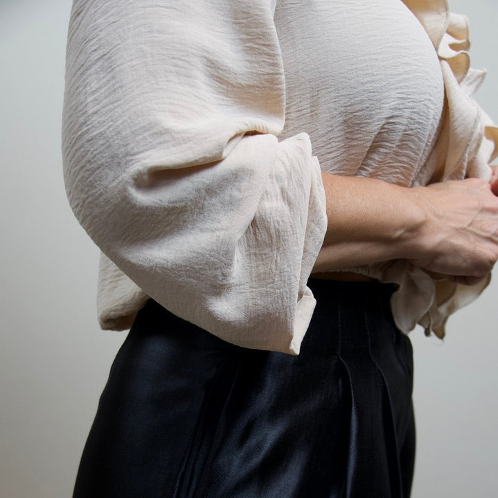 Beige Ruffle Cascade V-Neck Blouse