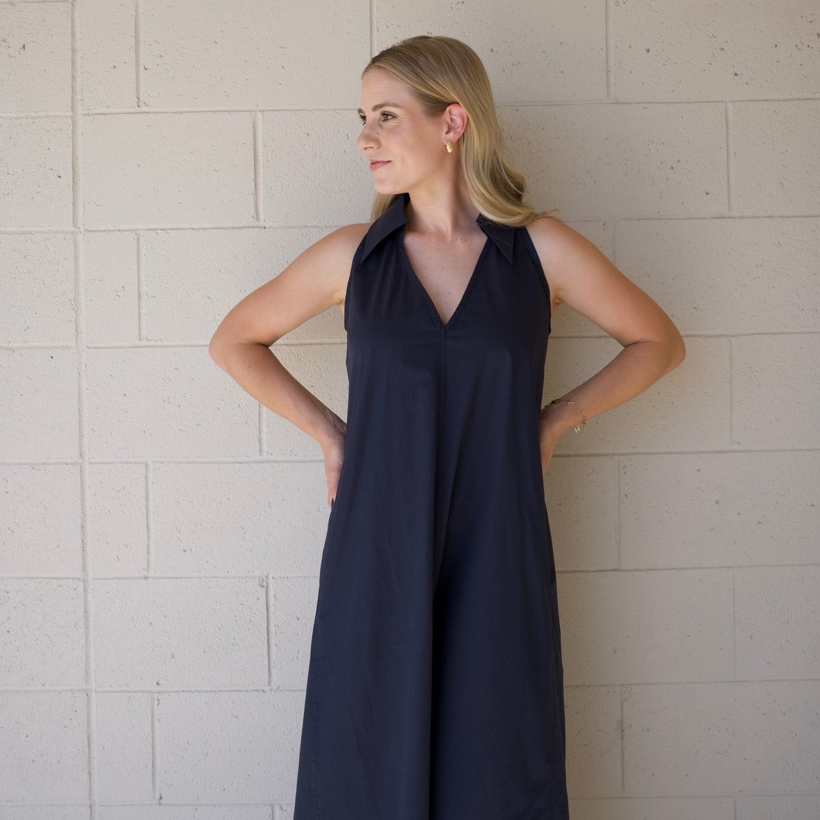 Navy Collared A-Line Midi Dress
