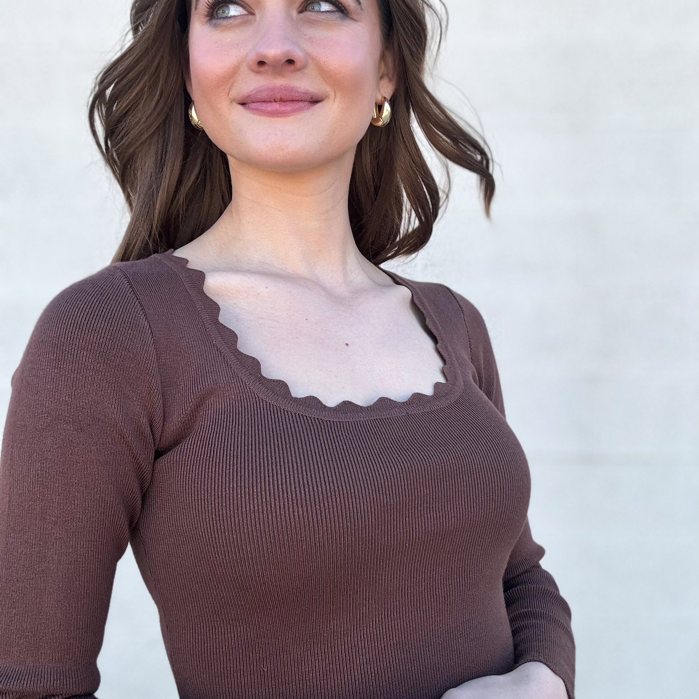 Brown Scalloped Long Sleeve Top