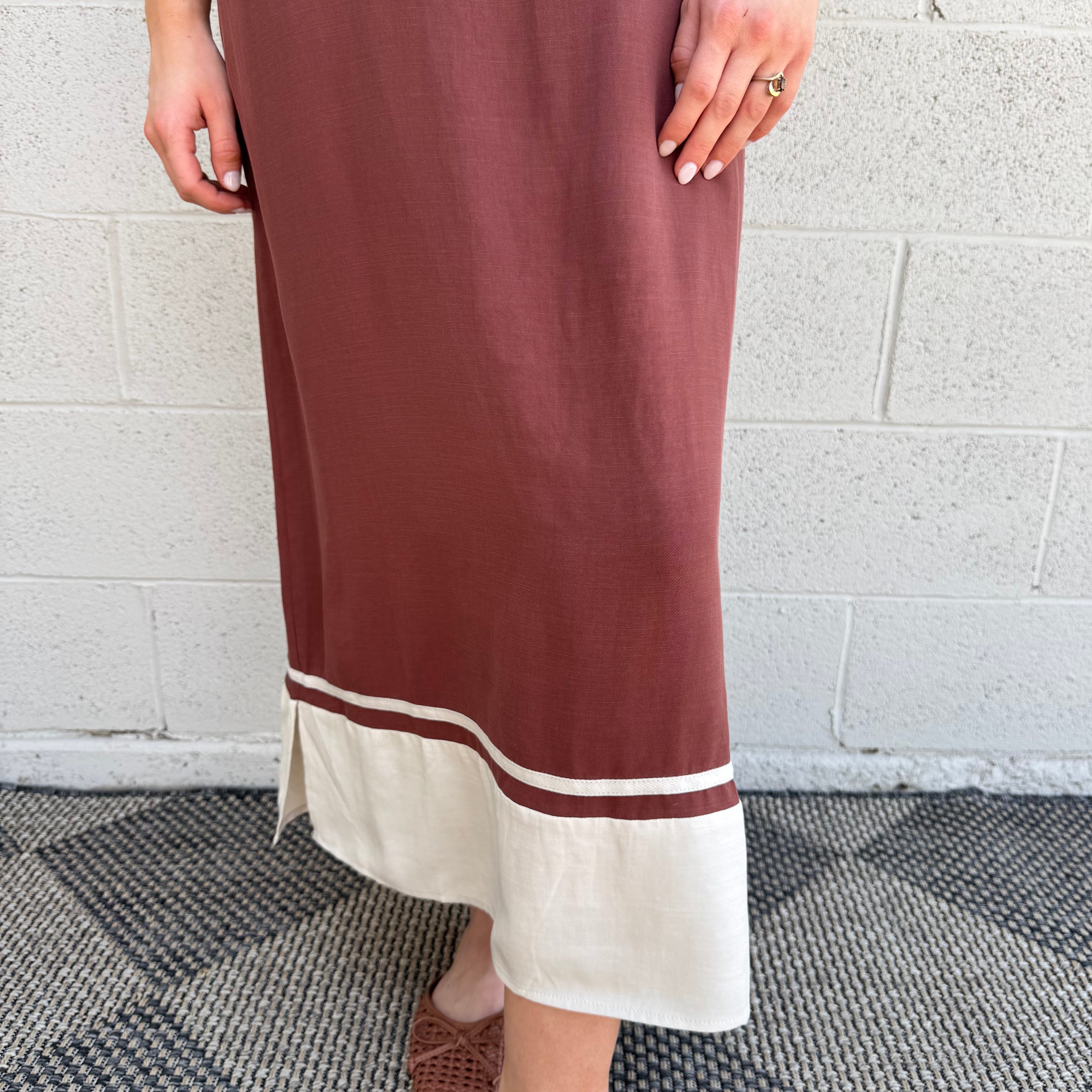 Rust and Cream Striped Midi Dress