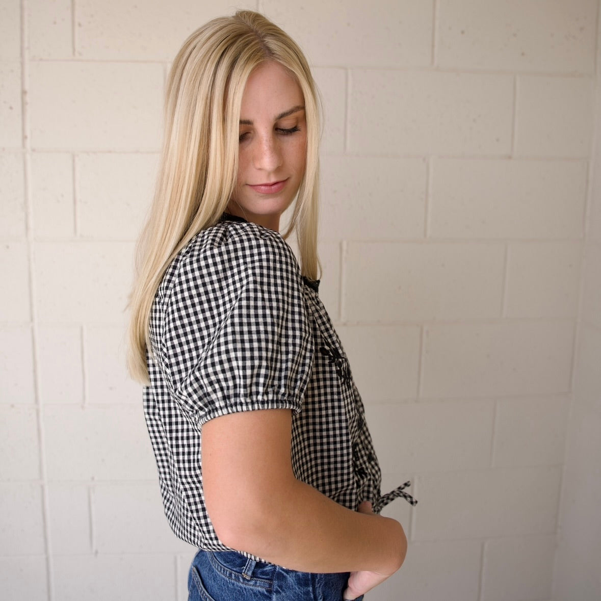 Embroidered Floral Gingham Blouse